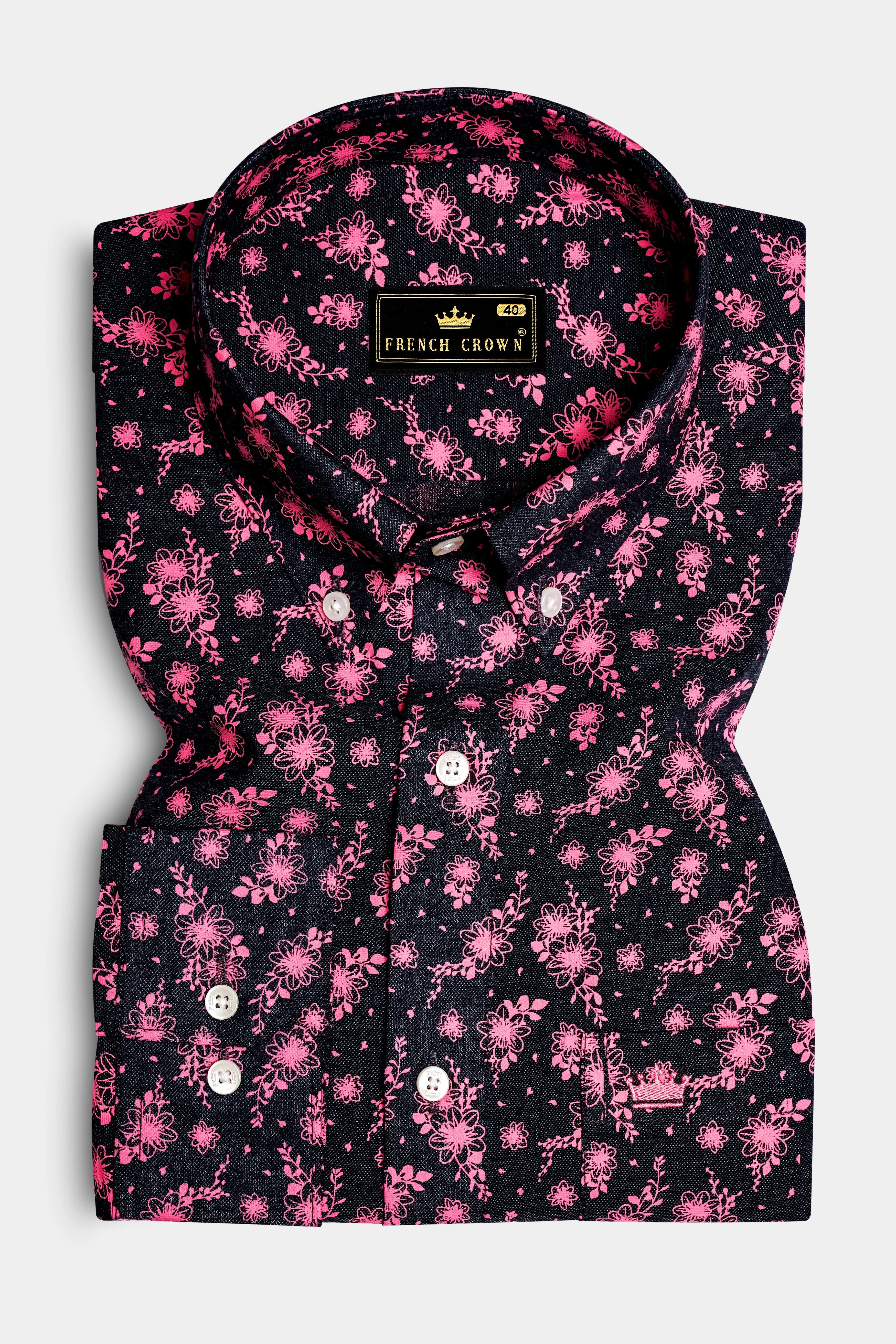 Shadow Petals-Jade Black And Carnation Pink Floral Printed Oxford Premium Cotton Casual Shirt sold by French Crown product image thumbnail 3