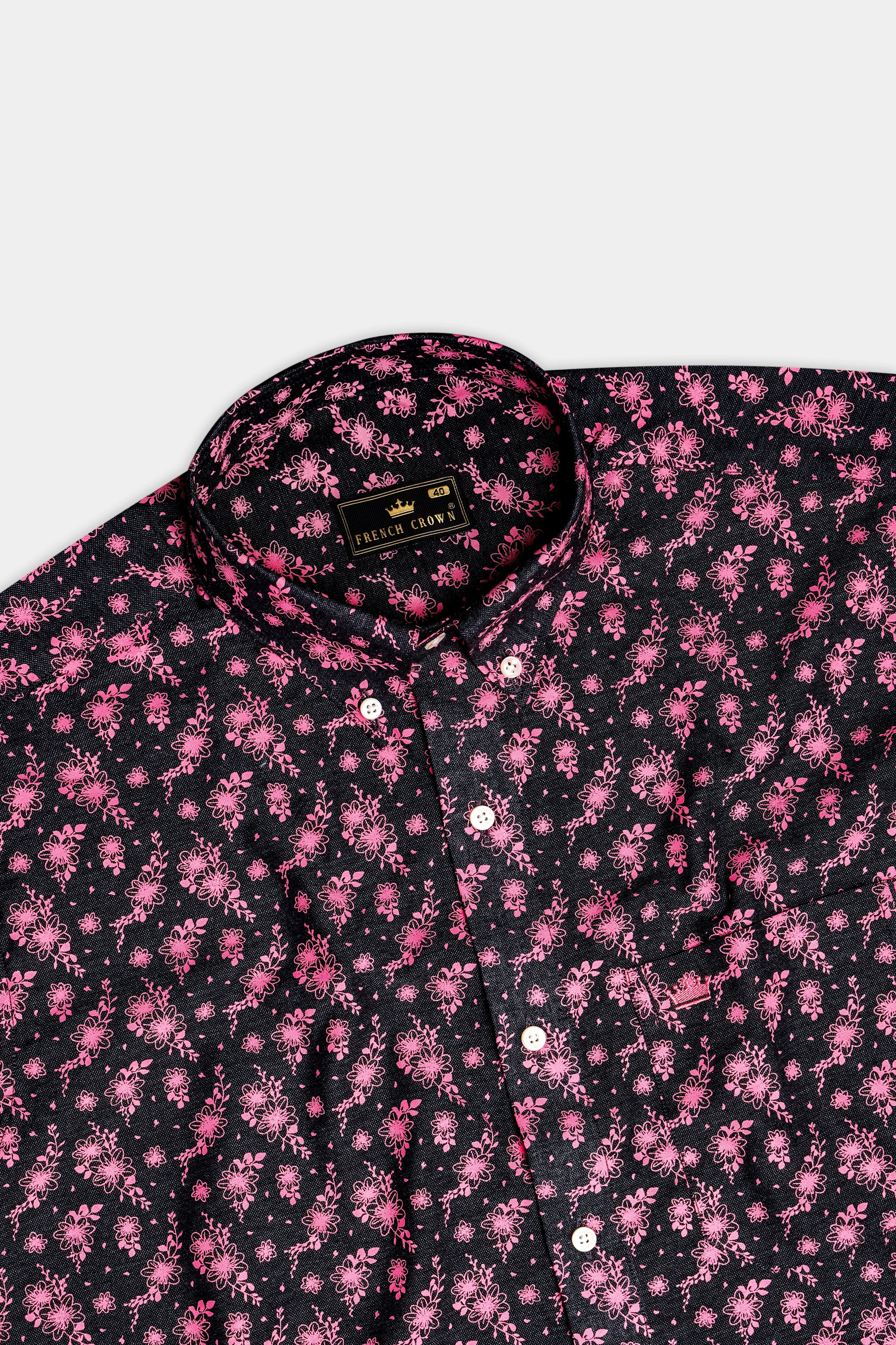 Shadow Petals-Jade Black And Carnation Pink Floral Printed Oxford Premium Cotton Casual Shirt sold by French Crown product image thumbnail 4