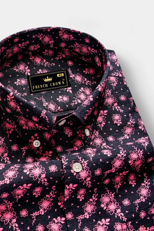 Shadow Petals-Jade Black And Carnation Pink Floral Printed Oxford Premium Cotton Casual Shirt sold by French Crown
