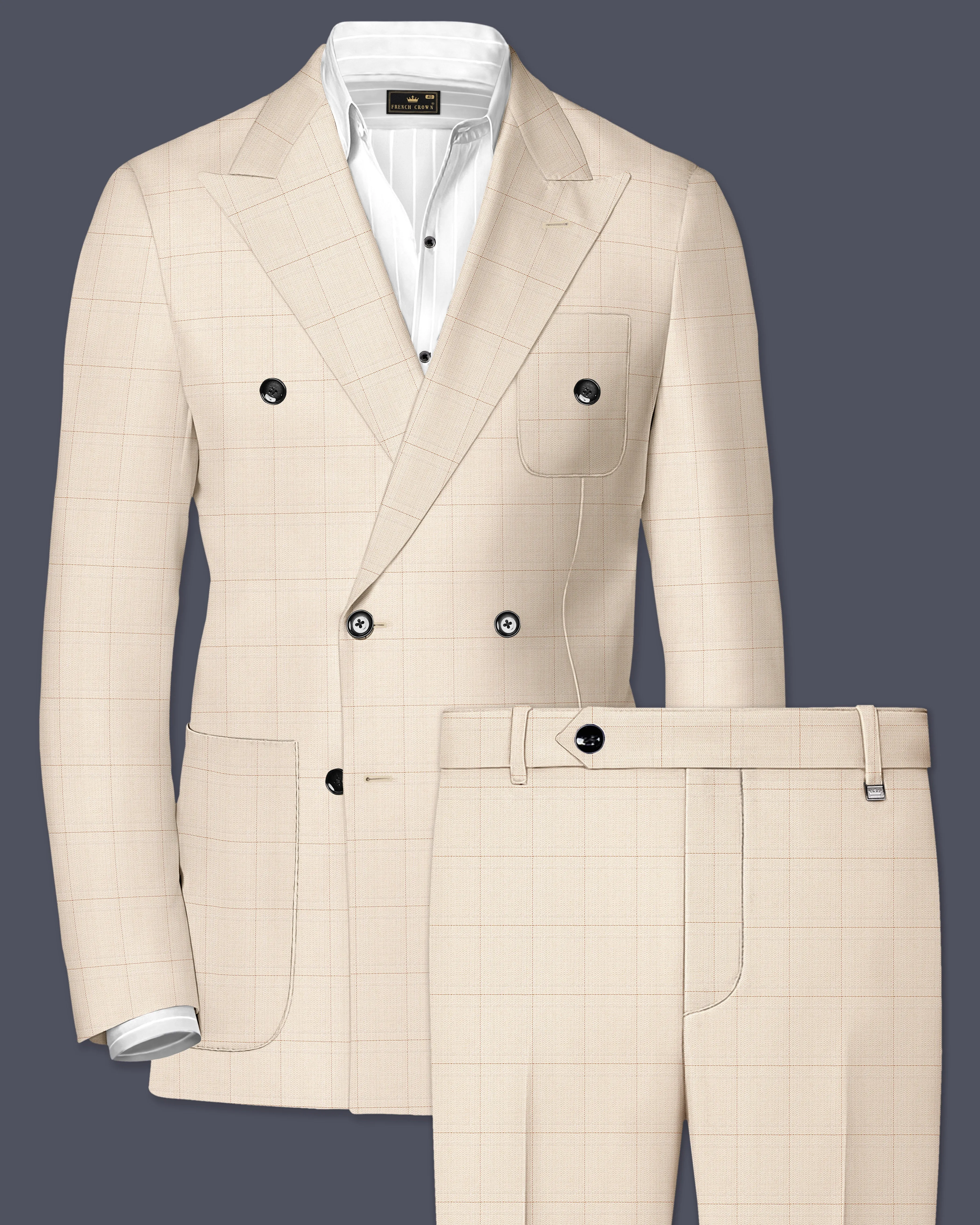 Bronco Cream Windowpane Double Breasted Sports Suit sold by French Crown