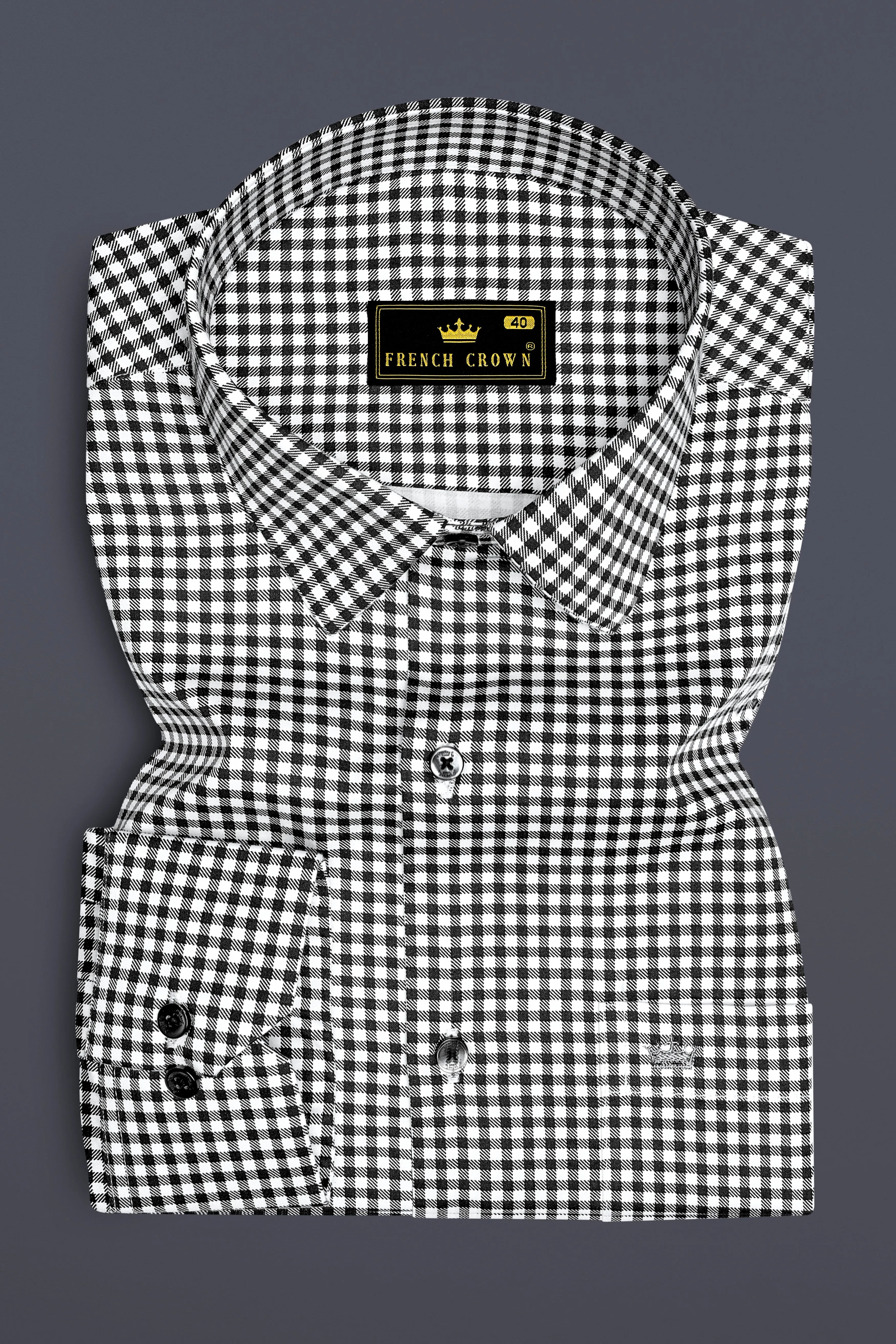 Regalis-Jade Black And Bright White Gingham Plaid Subtle Sheen Super Soft Premium Cotton Dress Shirt sold by French Crown product image thumbnail 4