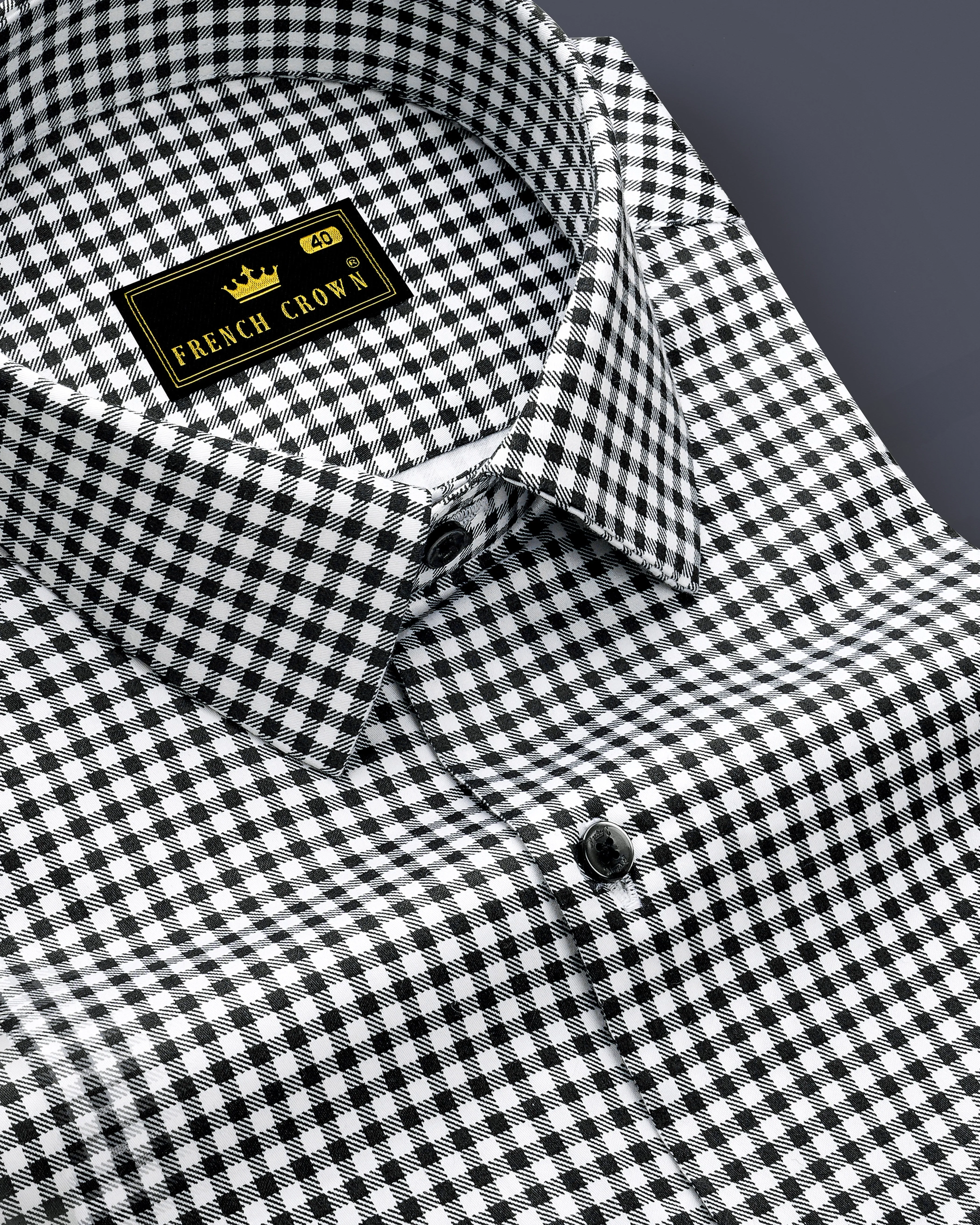 Regalis-Jade Black And Bright White Gingham Plaid Subtle Sheen Super Soft Premium Cotton Dress Shirt sold by French Crown