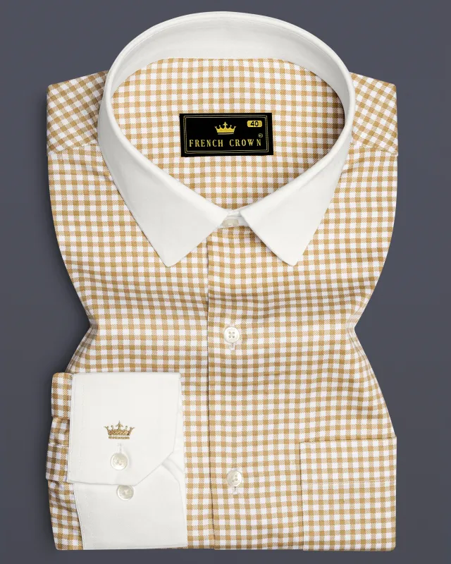 Rustiq-Barley Brown And Bright White Gingham Plaid Super Soft Premium Cotton Dress White Cuff Collar Shirt sold by French Crown