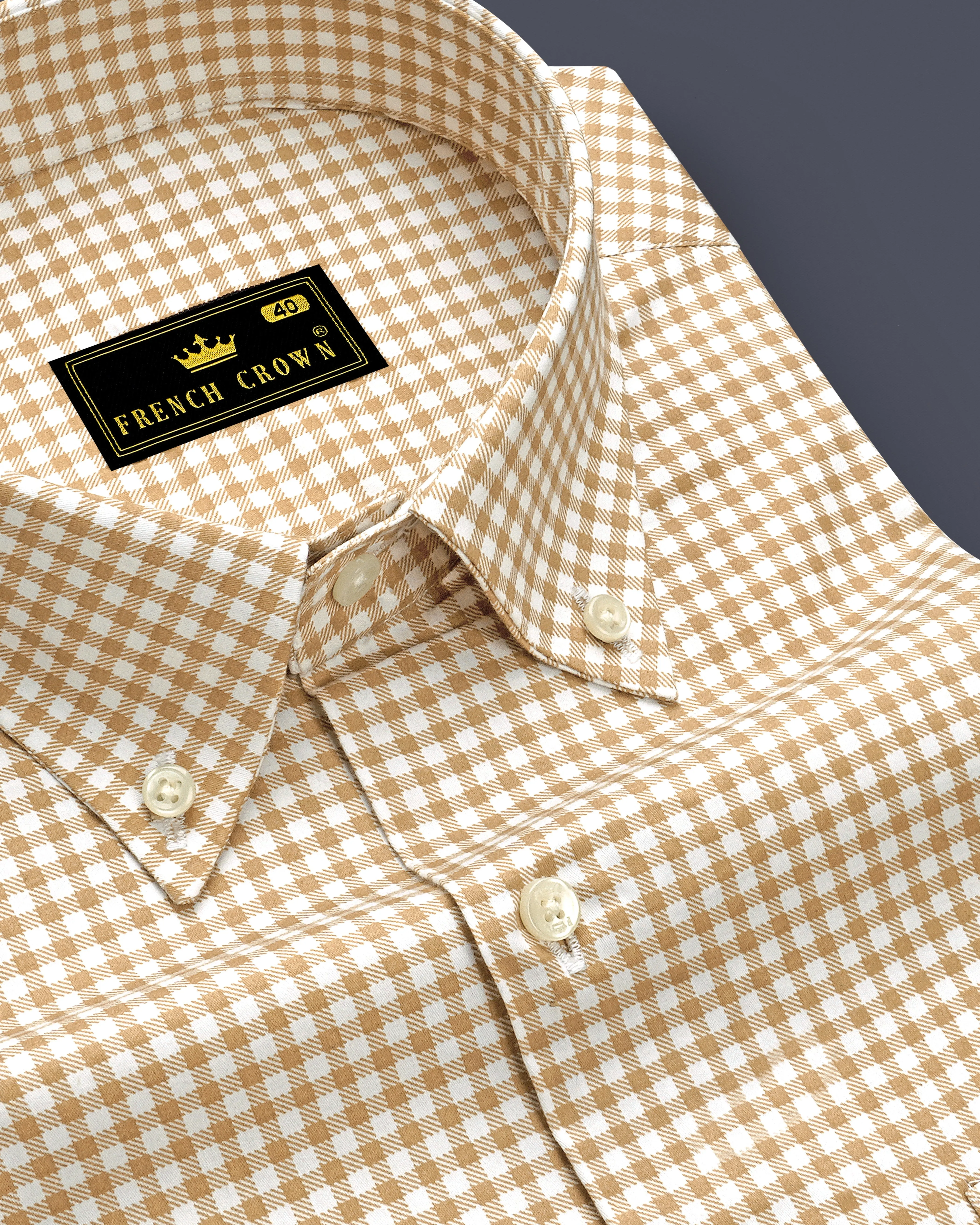 Rustiq-Barley Brown And Bright White Gingham Plaid Super Soft Premium Cotton Button Down Dress Shirt sold by French Crown