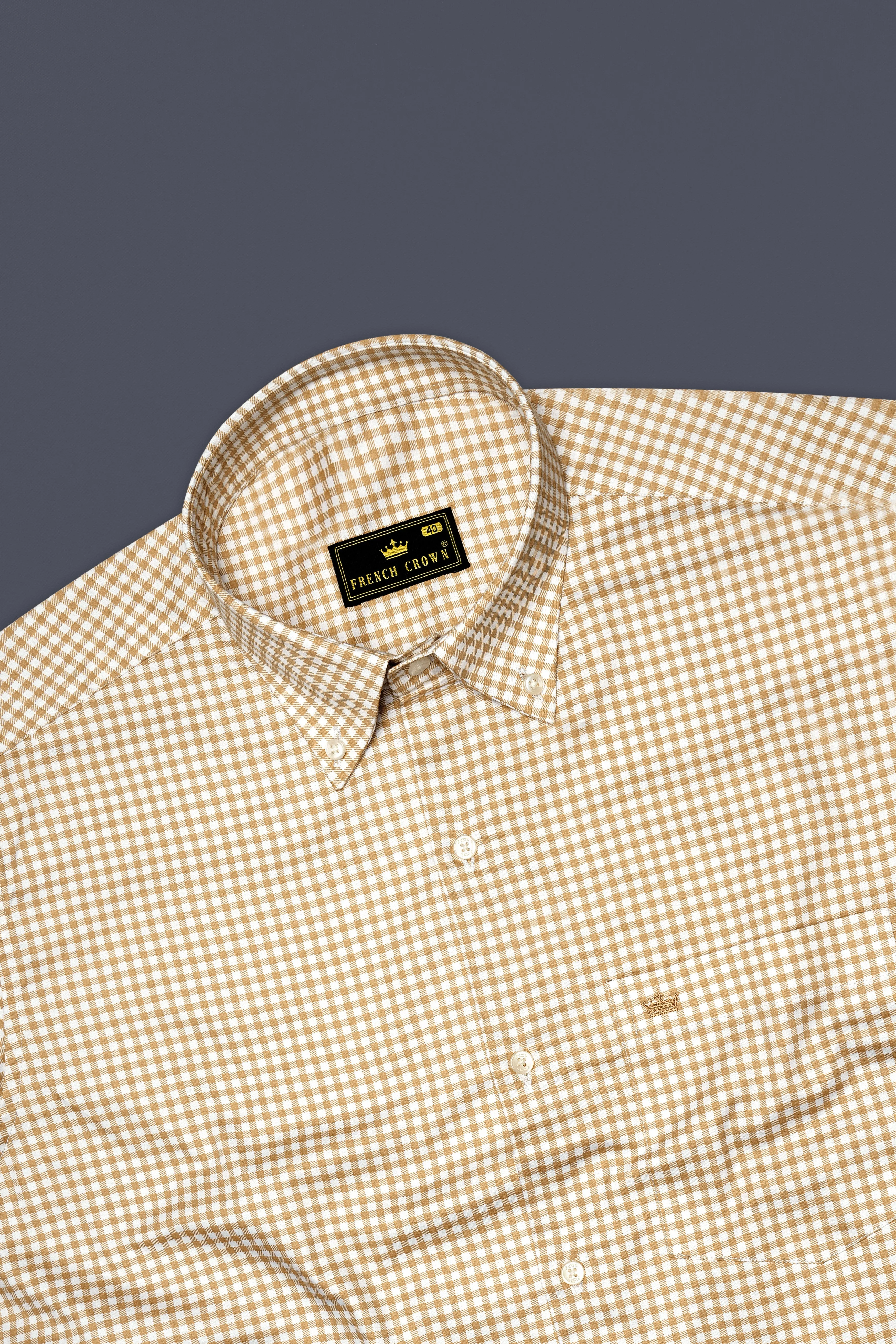 Rustiq-Barley Brown And Bright White Gingham Plaid Super Soft Premium Cotton Button Down Dress Shirt sold by French Crown product image thumbnail 5