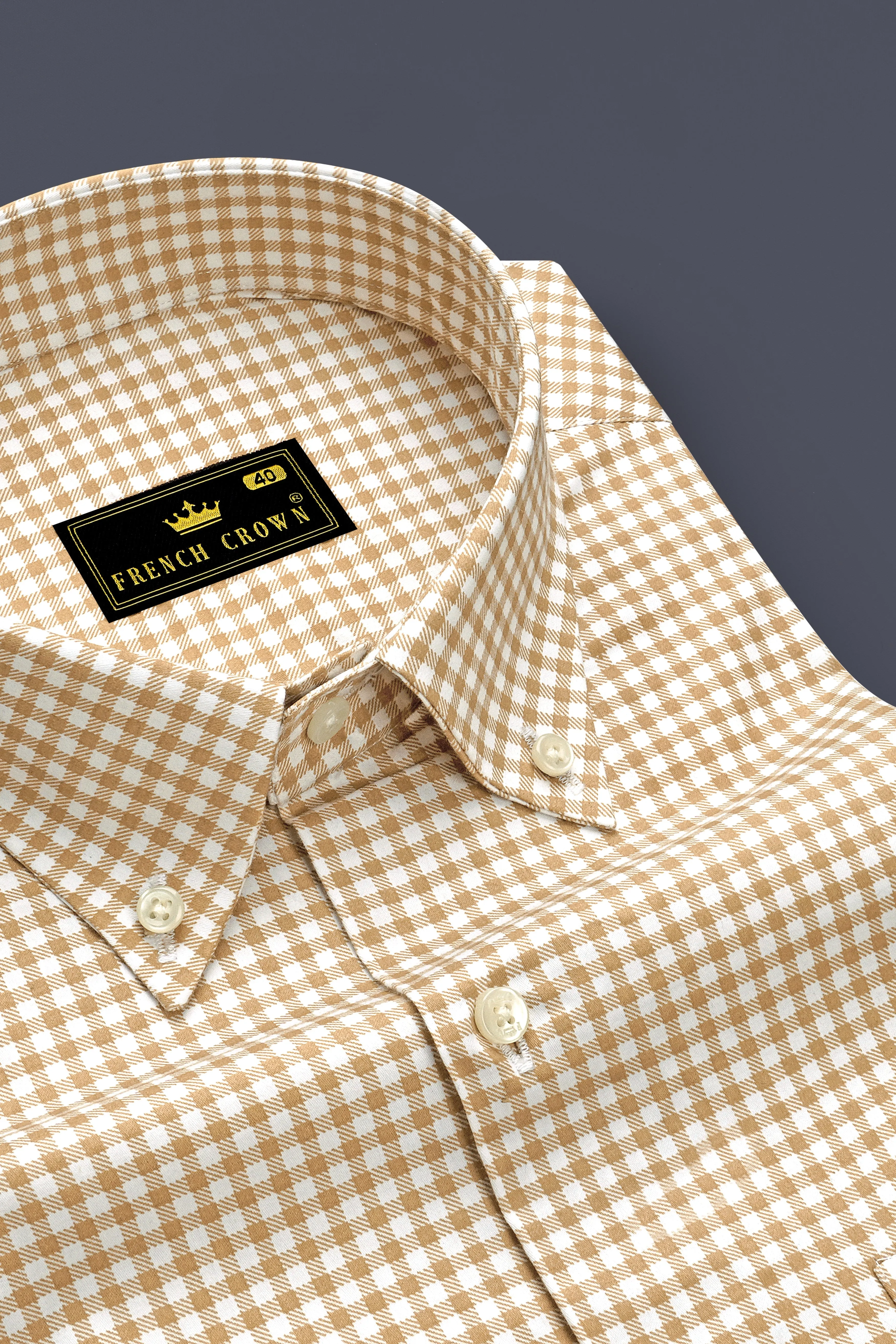 Rustiq-Barley Brown And Bright White Gingham Plaid Super Soft Premium Cotton Button Down Dress Shirt sold by French Crown product image thumbnail 2