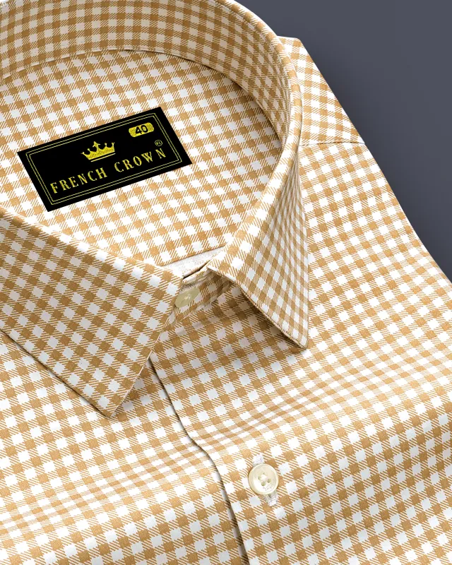 Rustiq-Barley Brown And Bright White Gingham Plaid Subtle Sheen Super Soft Premium Cotton Dress Shirt sold by French Crown