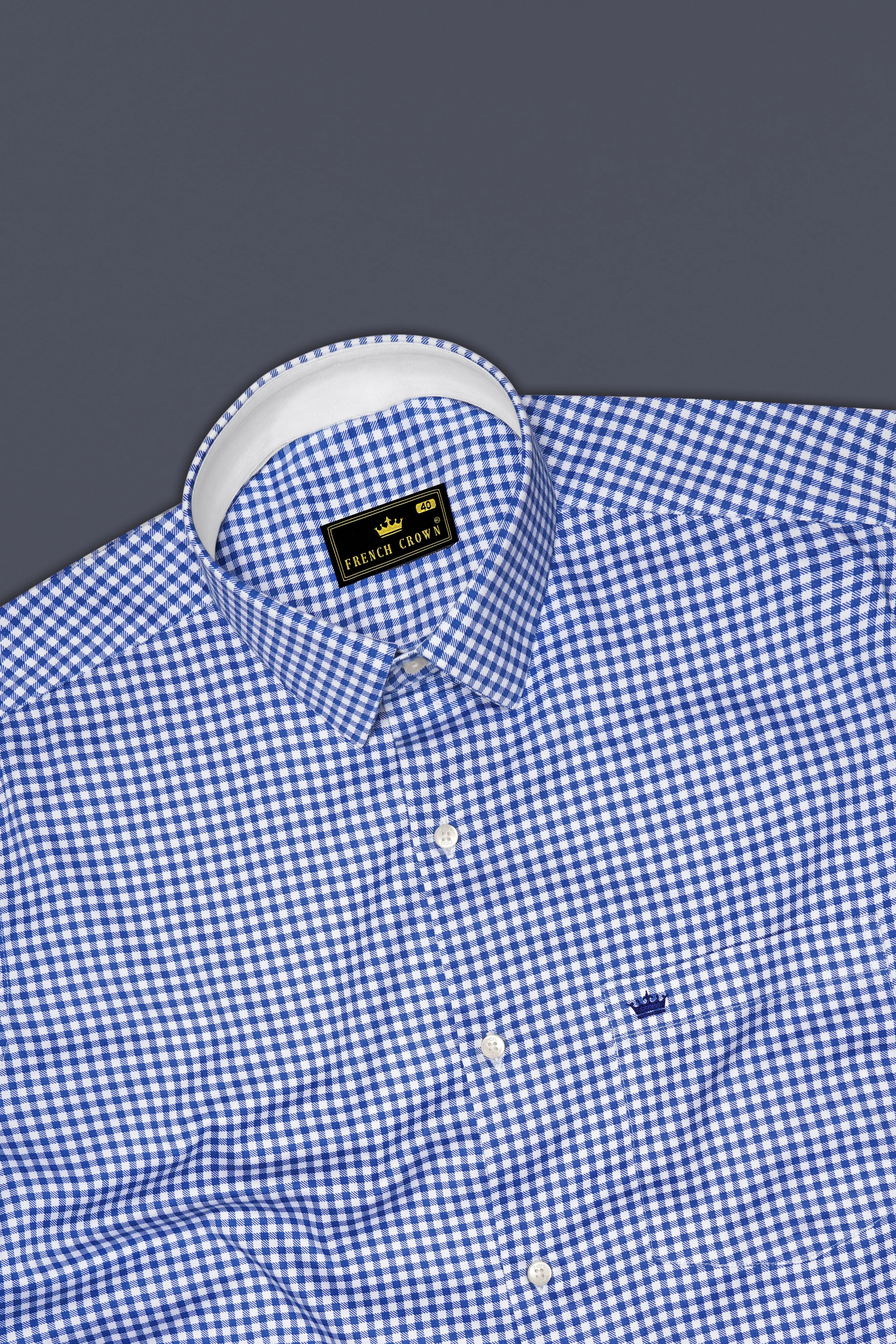 Cerulio-Cerulean Blue And Bright White Gingham Plaid Super Soft Premium Cotton Dress Shirt sold by French Crown product image thumbnail 5