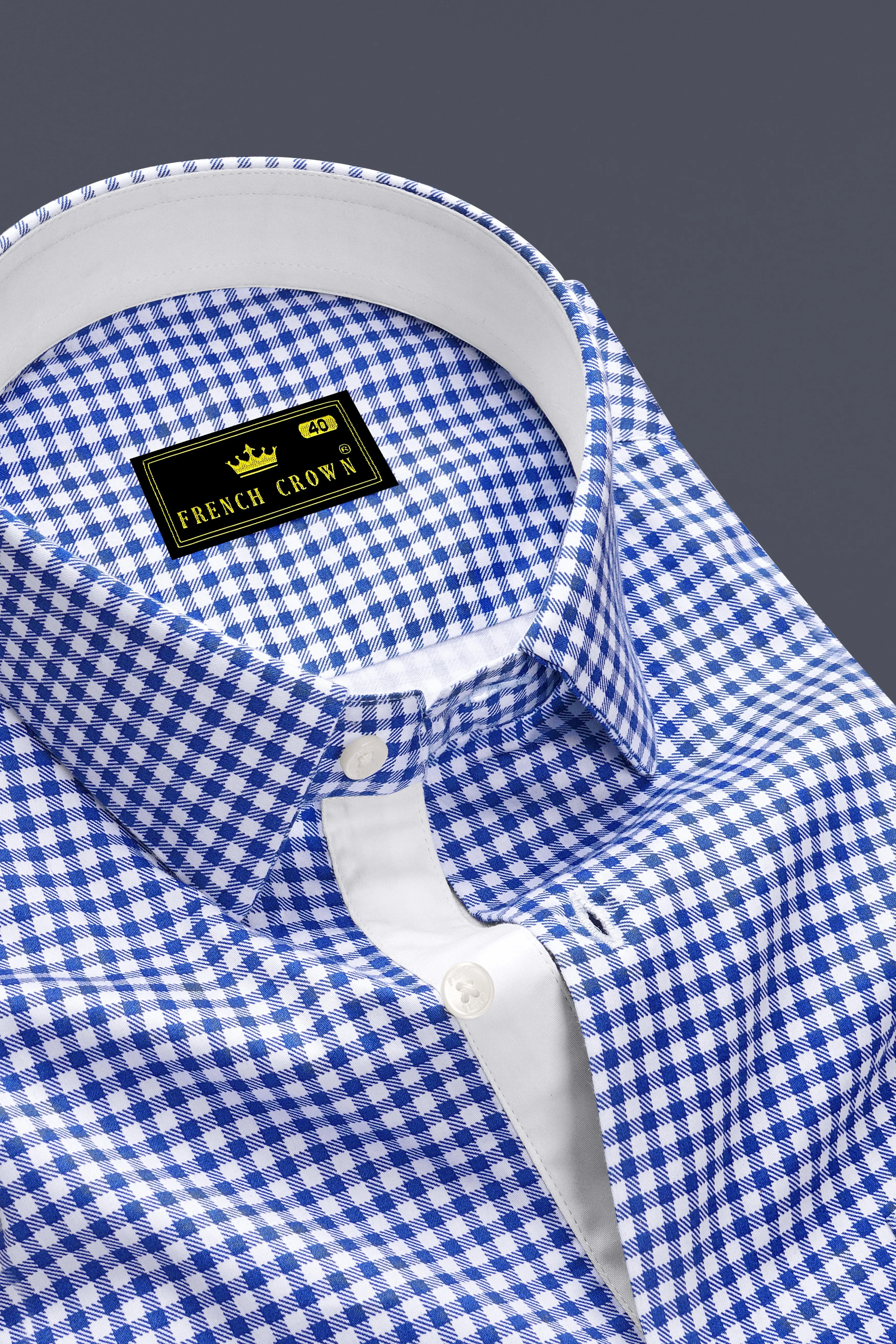 Cerulio-Cerulean Blue And Bright White Gingham Plaid Super Soft Premium Cotton Dress Shirt sold by French Crown product image thumbnail 2