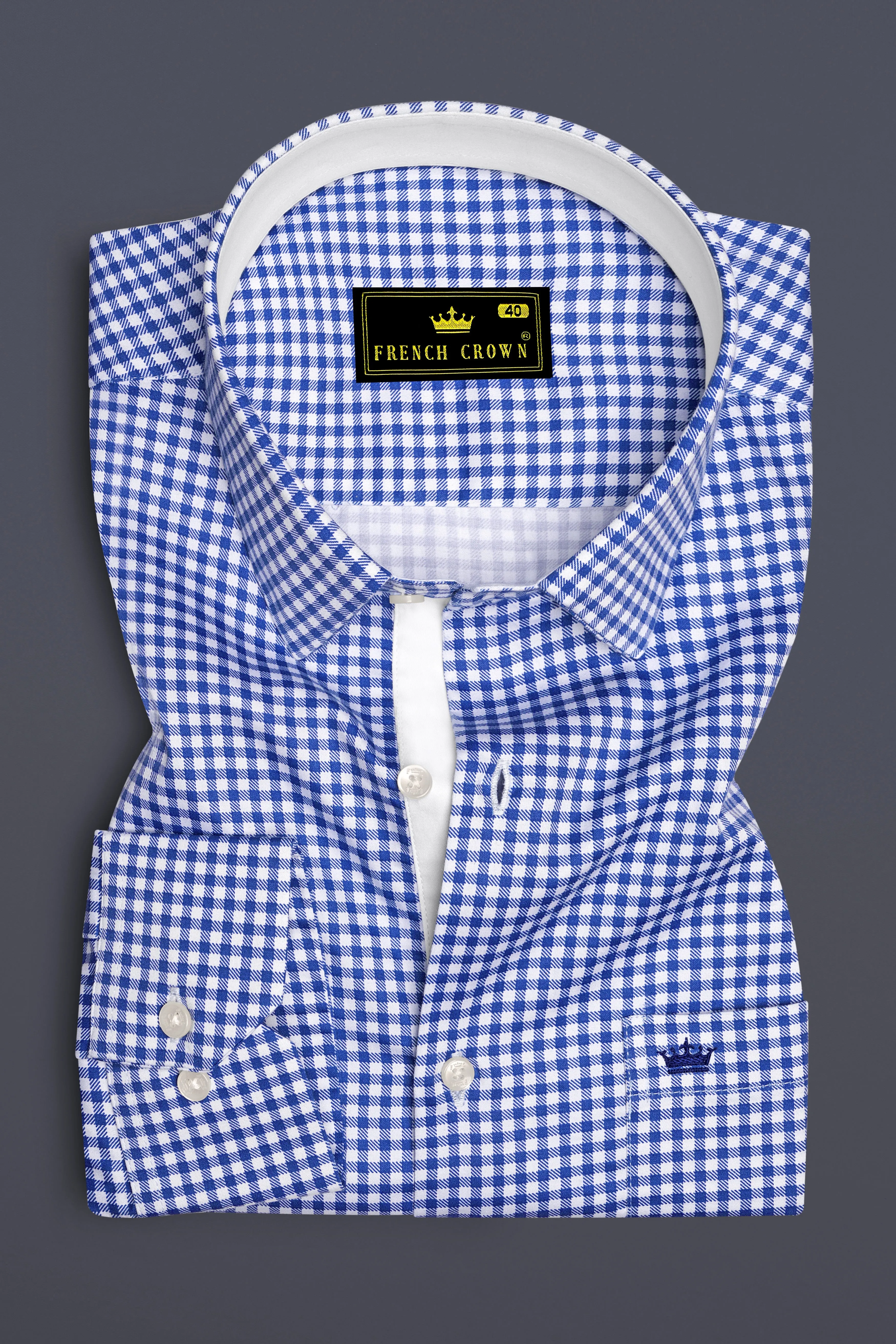 Cerulio-Cerulean Blue And Bright White Gingham Plaid Super Soft Premium Cotton Dress Shirt sold by French Crown product image thumbnail 4