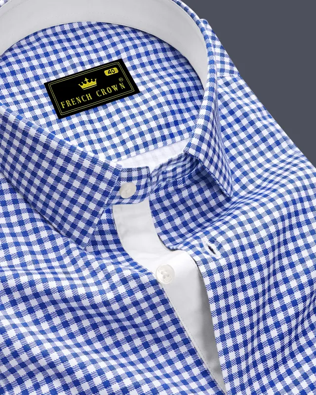 Cerulio-Cerulean Blue And Bright White Gingham Plaid Super Soft Premium Cotton Dress Shirt sold by French Crown