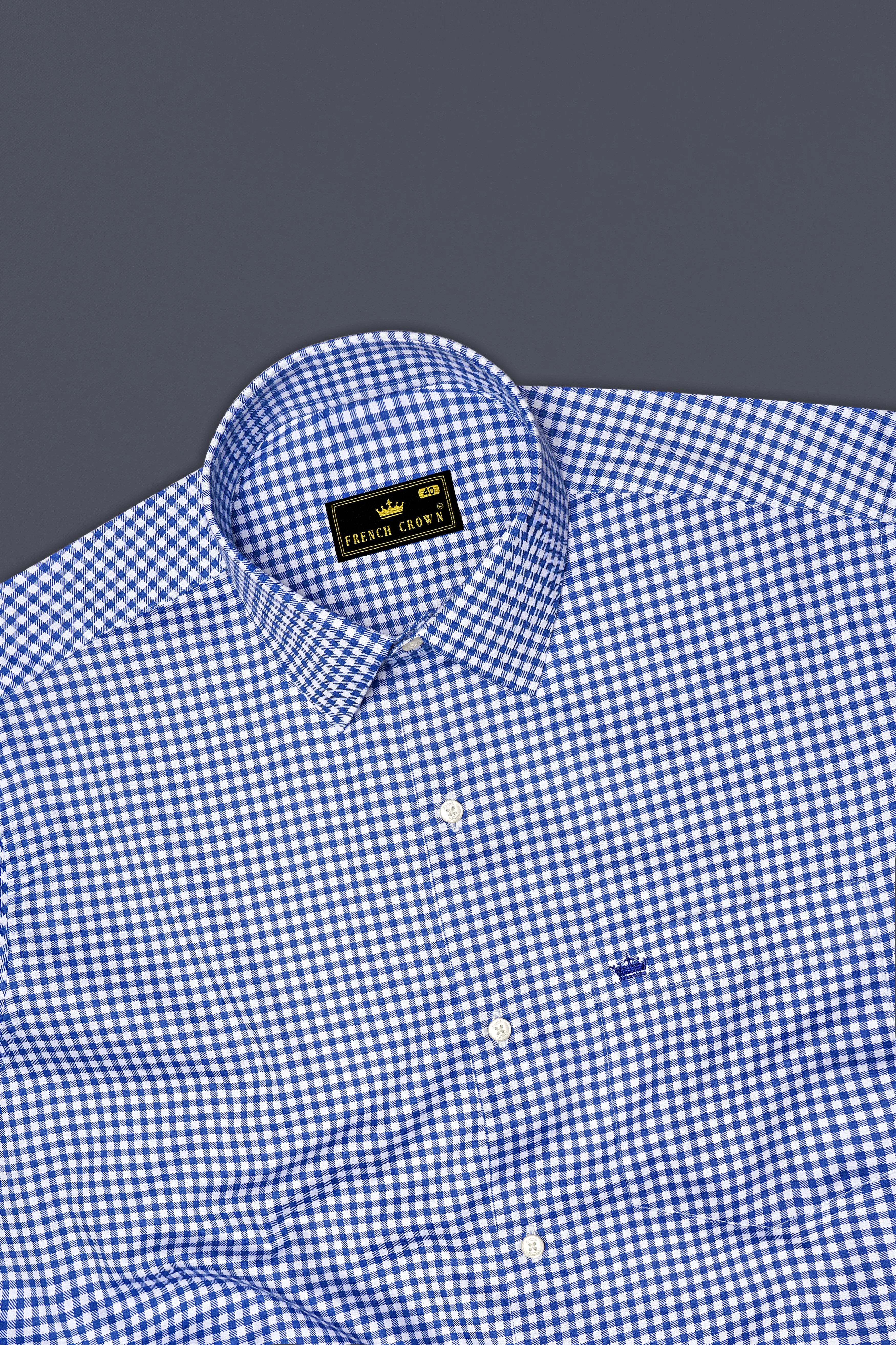 Cerulio-Cerulean Blue And Bright White Gingham Plaid Subtle Sheen Super Soft Premium Cotton Dress Shirt sold by French Crown product image thumbnail 5