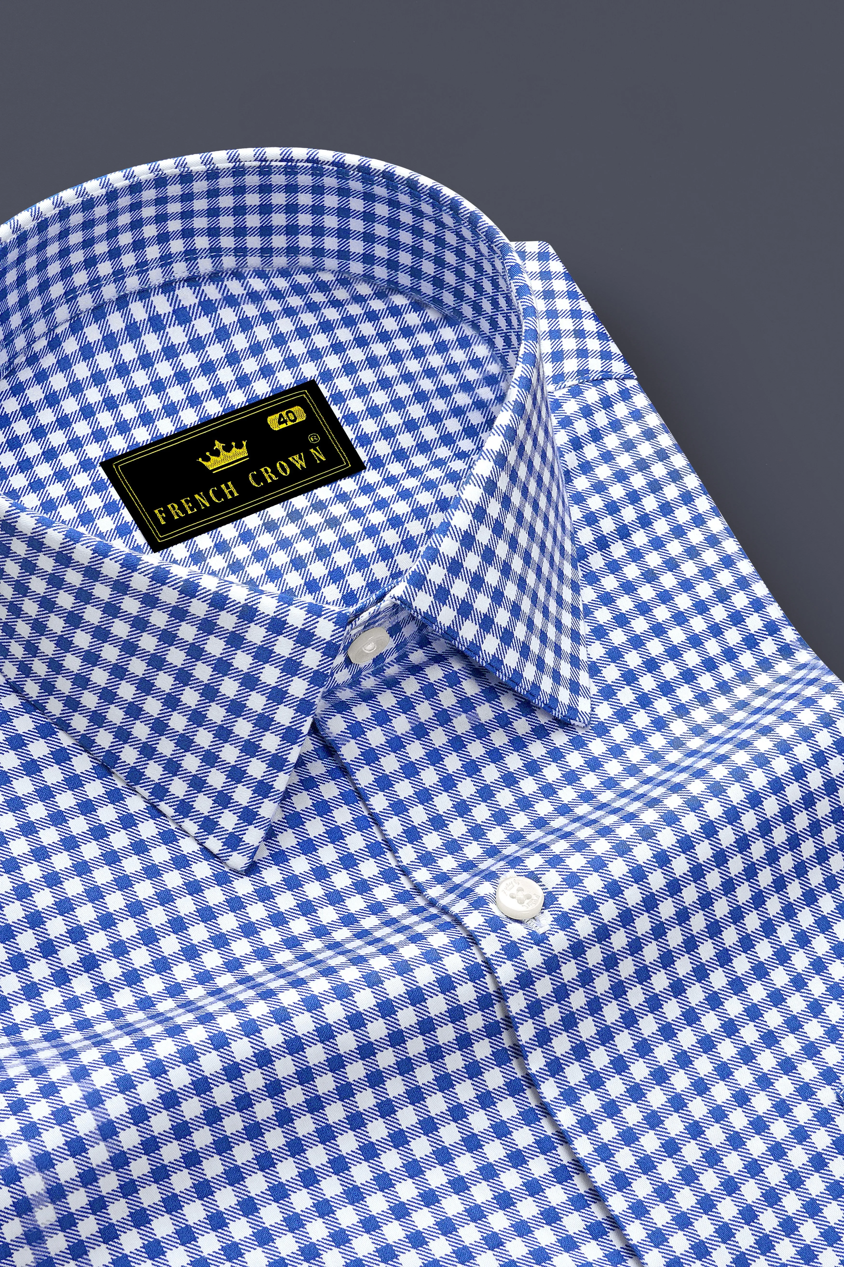Cerulio-Cerulean Blue And Bright White Gingham Plaid Subtle Sheen Super Soft Premium Cotton Dress Shirt sold by French Crown product image thumbnail 2
