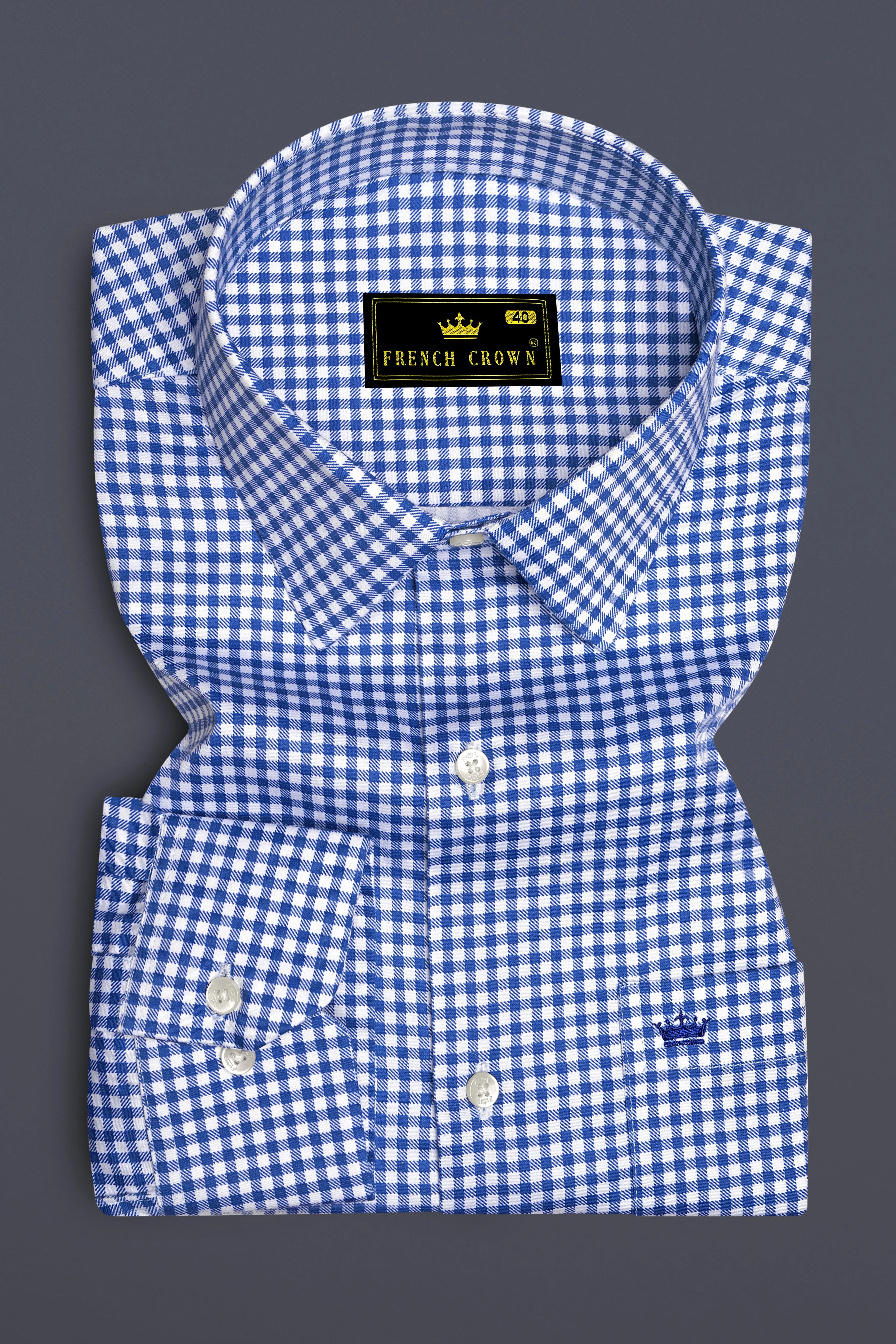 Cerulio-Cerulean Blue And Bright White Gingham Plaid Subtle Sheen Super Soft Premium Cotton Dress Shirt sold by French Crown product image thumbnail 4