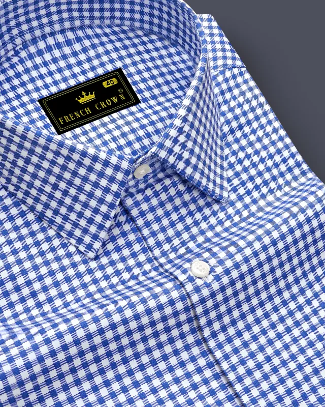 Cerulio-Cerulean Blue And Bright White Gingham Plaid Subtle Sheen Super Soft Premium Cotton Dress Shirt sold by French Crown