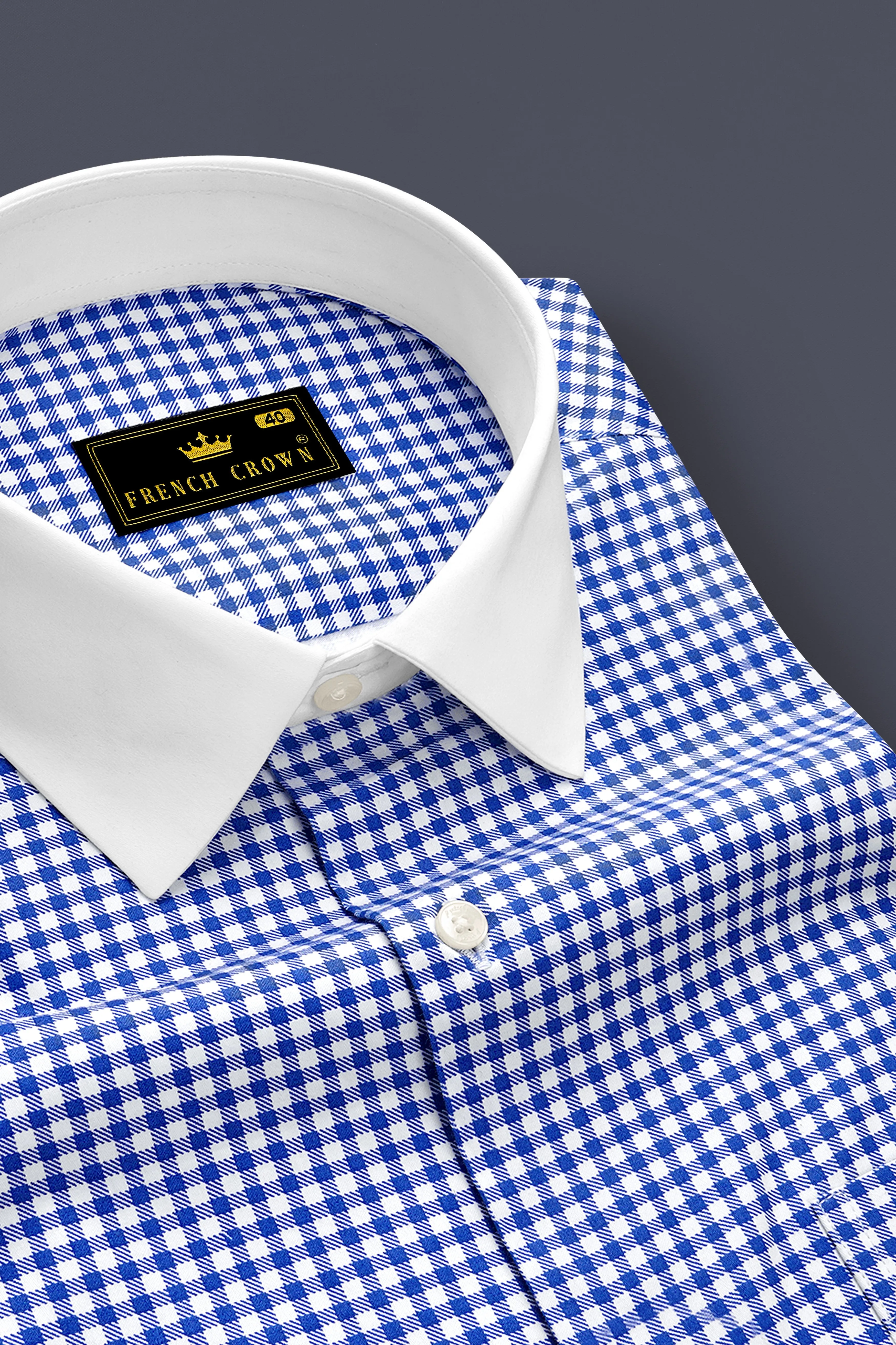 Cerulio-Cerulean Blue And Bright White Gingham Plaid Super Soft Premium Cotton Dress White Cuff Collar Shirt sold by French Crown product image thumbnail 4