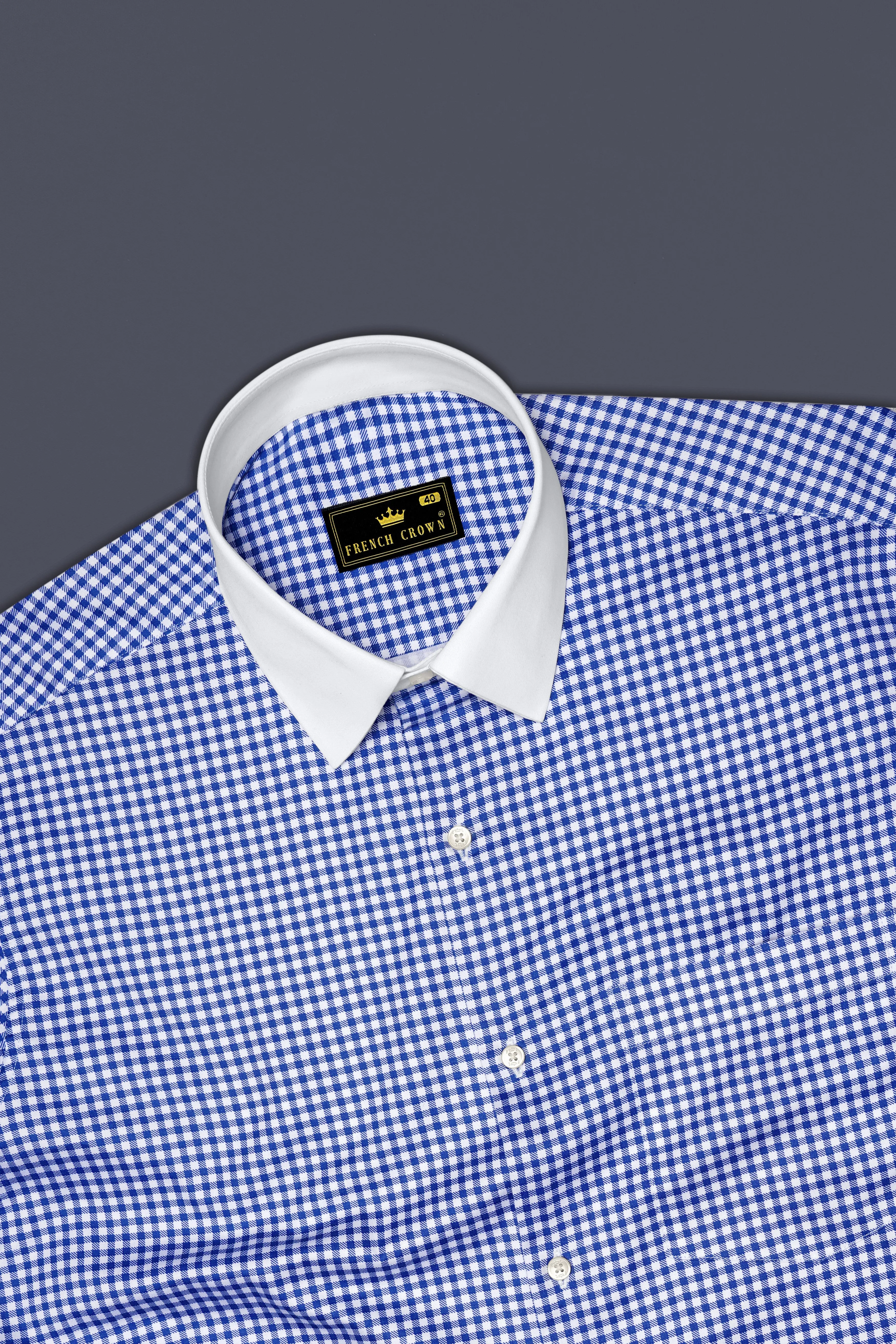 Cerulio-Cerulean Blue And Bright White Gingham Plaid Super Soft Premium Cotton Dress White Cuff Collar Shirt sold by French Crown product image thumbnail 5