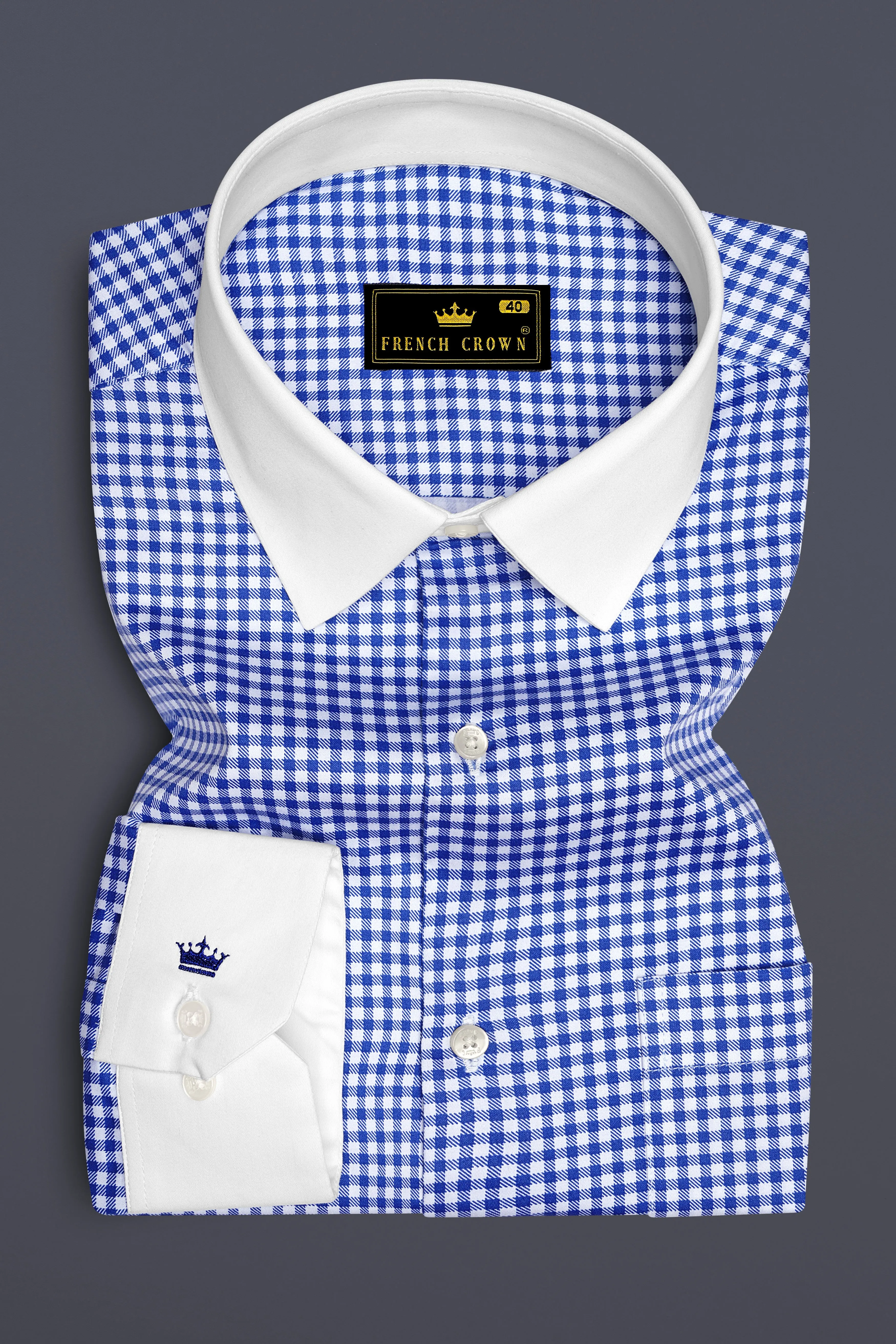 Cerulio-Cerulean Blue And Bright White Gingham Plaid Super Soft Premium Cotton Dress White Cuff Collar Shirt sold by French Crown product image thumbnail 2