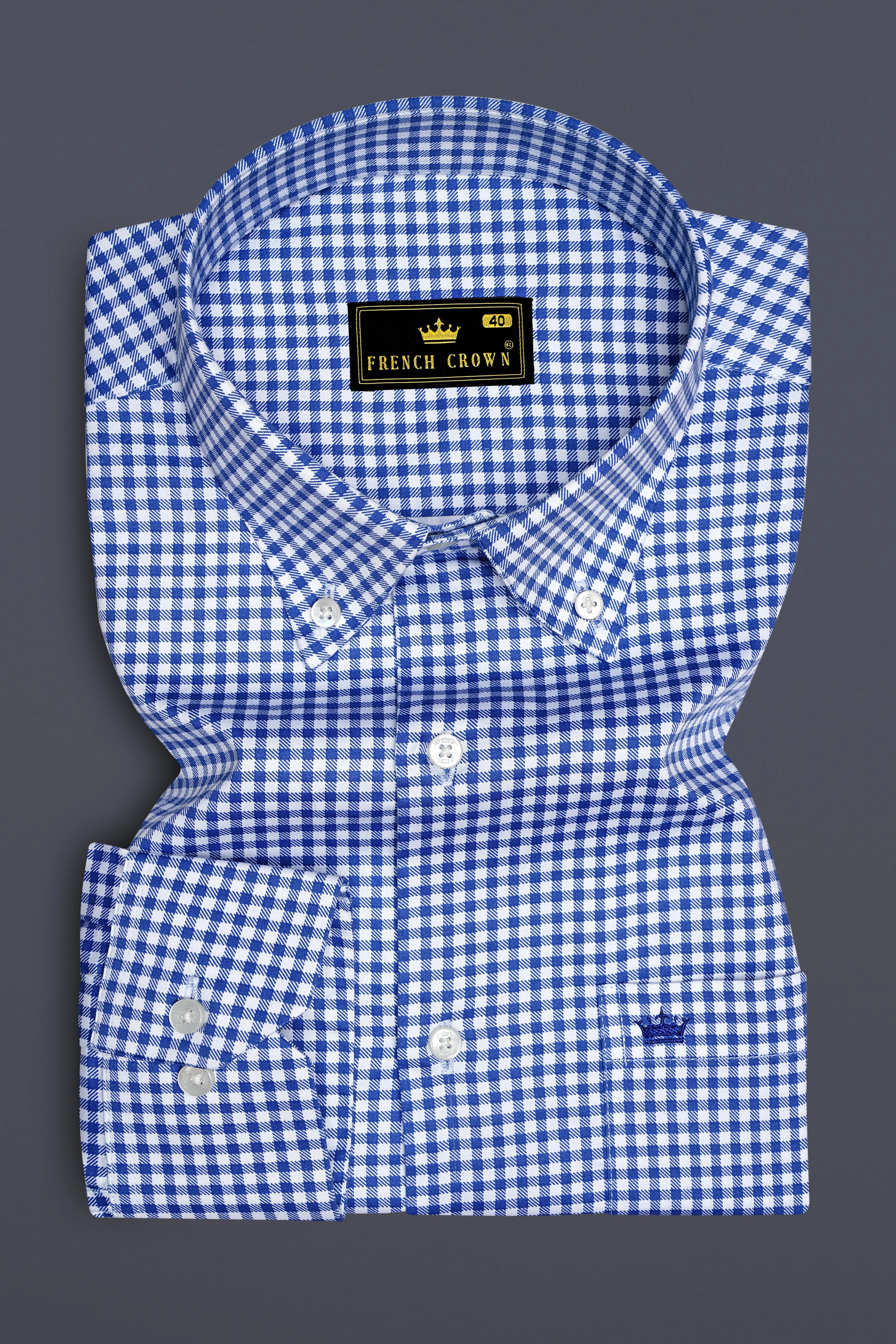 Cerulio-Cerulean Blue And Bright White Gingham Plaid Super Soft Premium Cotton Button Down Dress Shirt sold by French Crown product image thumbnail 4