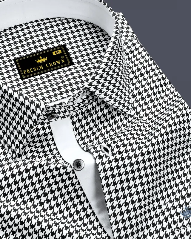 Regalis-Jade Black And Bright White Houndstooth Printed Super Soft Premium Cotton Dress Shirt sold by French Crown