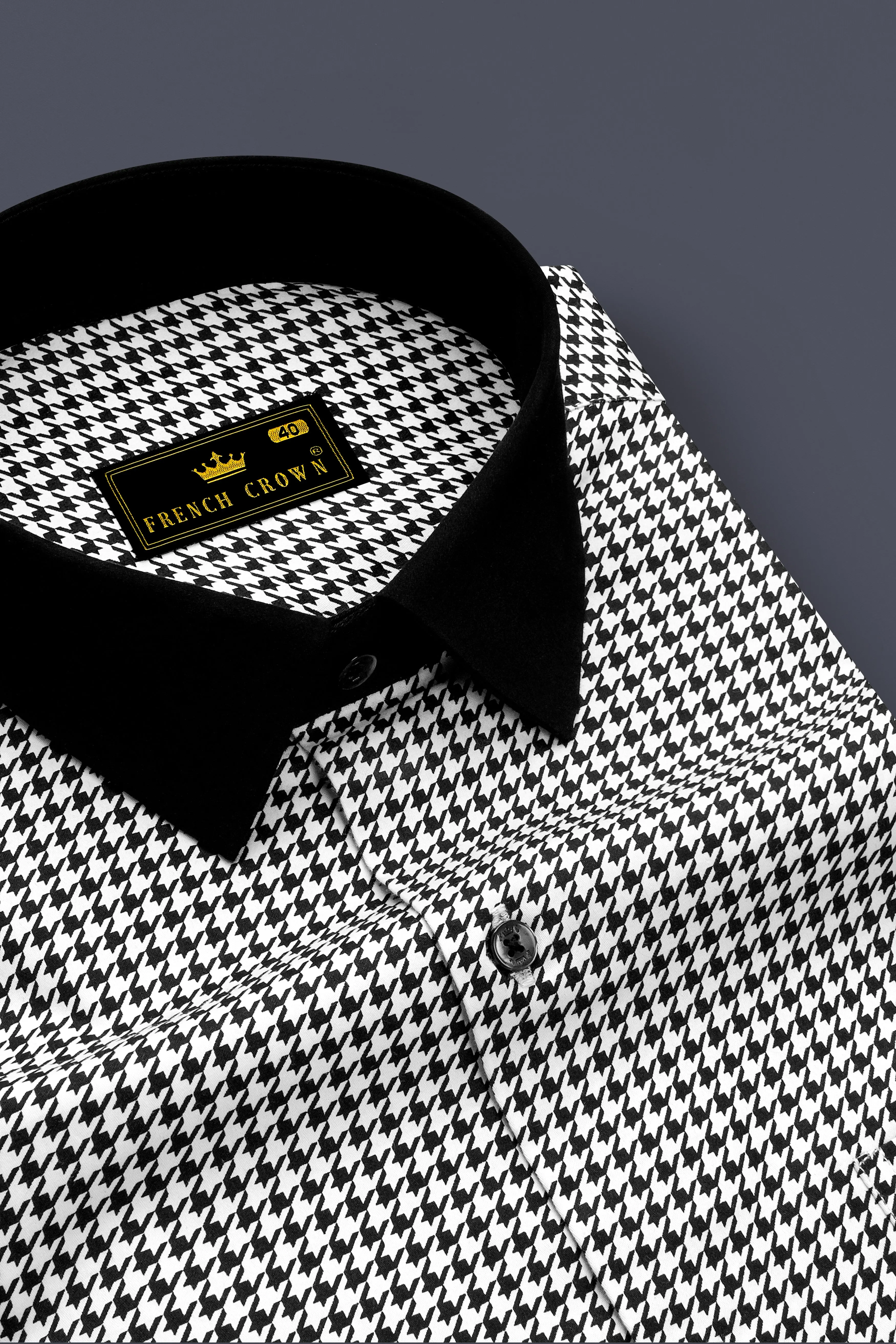 Regalis-Jade Black And Bright White Houndstooth Printed Super Soft Premium Cotton Dress Black Cuff Collar Shirt sold by French Crown product image thumbnail 4