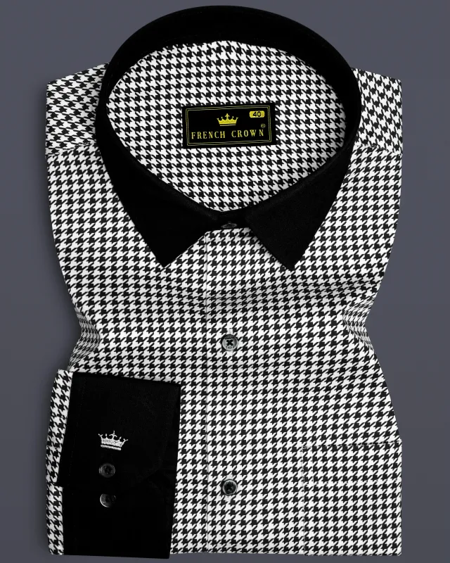 Regalis-Jade Black And Bright White Houndstooth Printed Super Soft Premium Cotton Dress Black Cuff Collar Shirt sold by French Crown