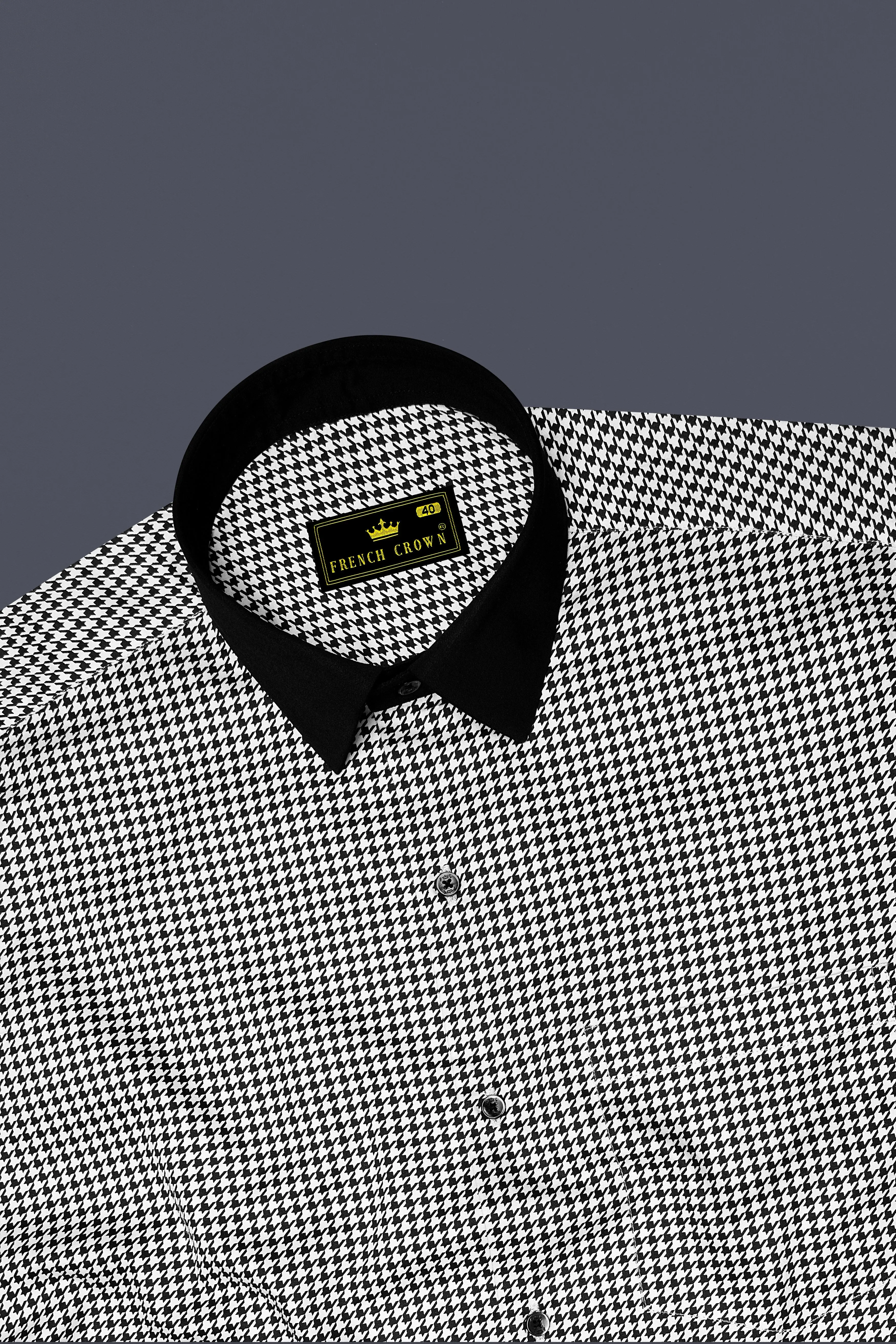 Regalis-Jade Black And Bright White Houndstooth Printed Super Soft Premium Cotton Dress Black Cuff Collar Shirt sold by French Crown product image thumbnail 5