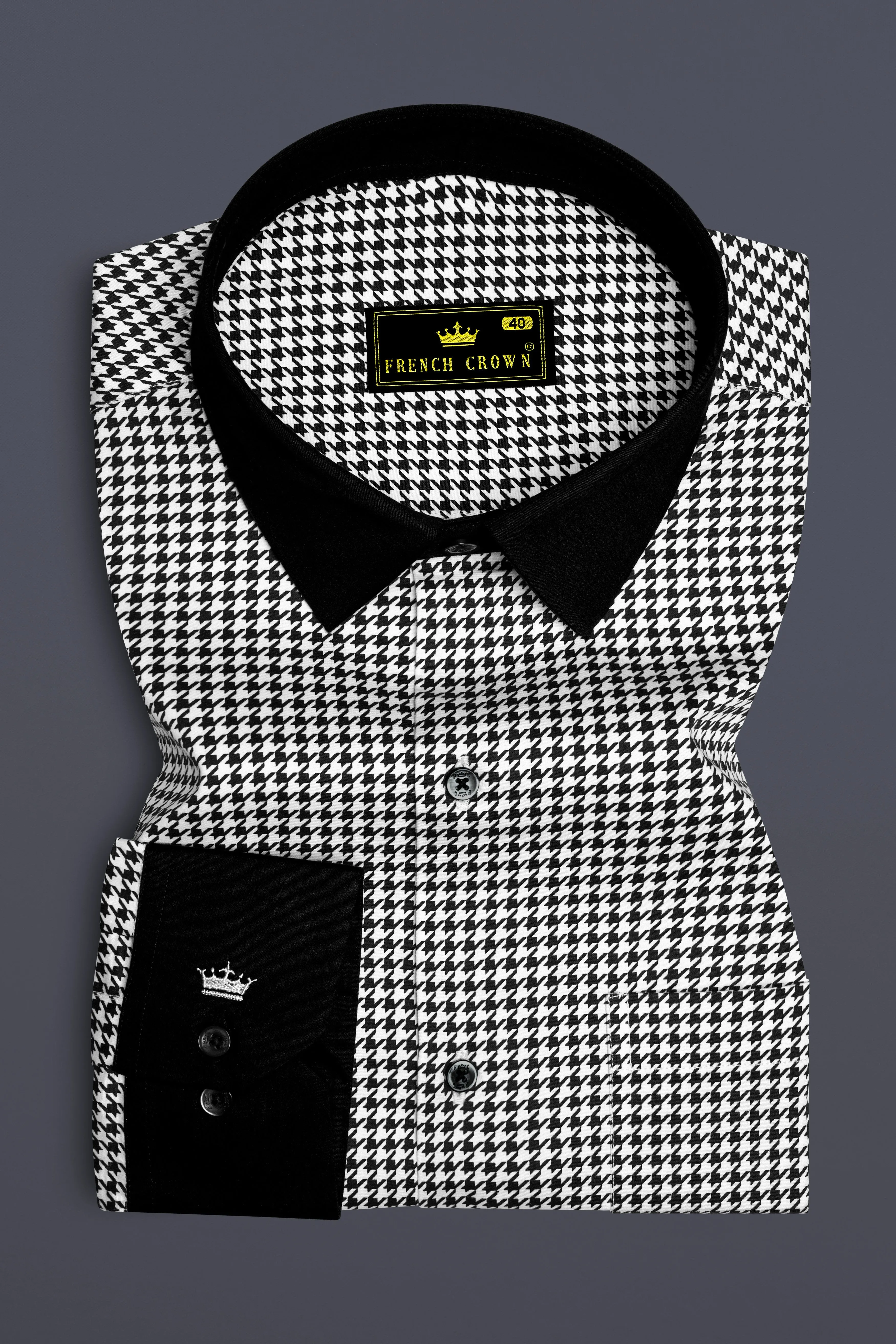 Regalis-Jade Black And Bright White Houndstooth Printed Super Soft Premium Cotton Dress Black Cuff Collar Shirt sold by French Crown product image thumbnail 2