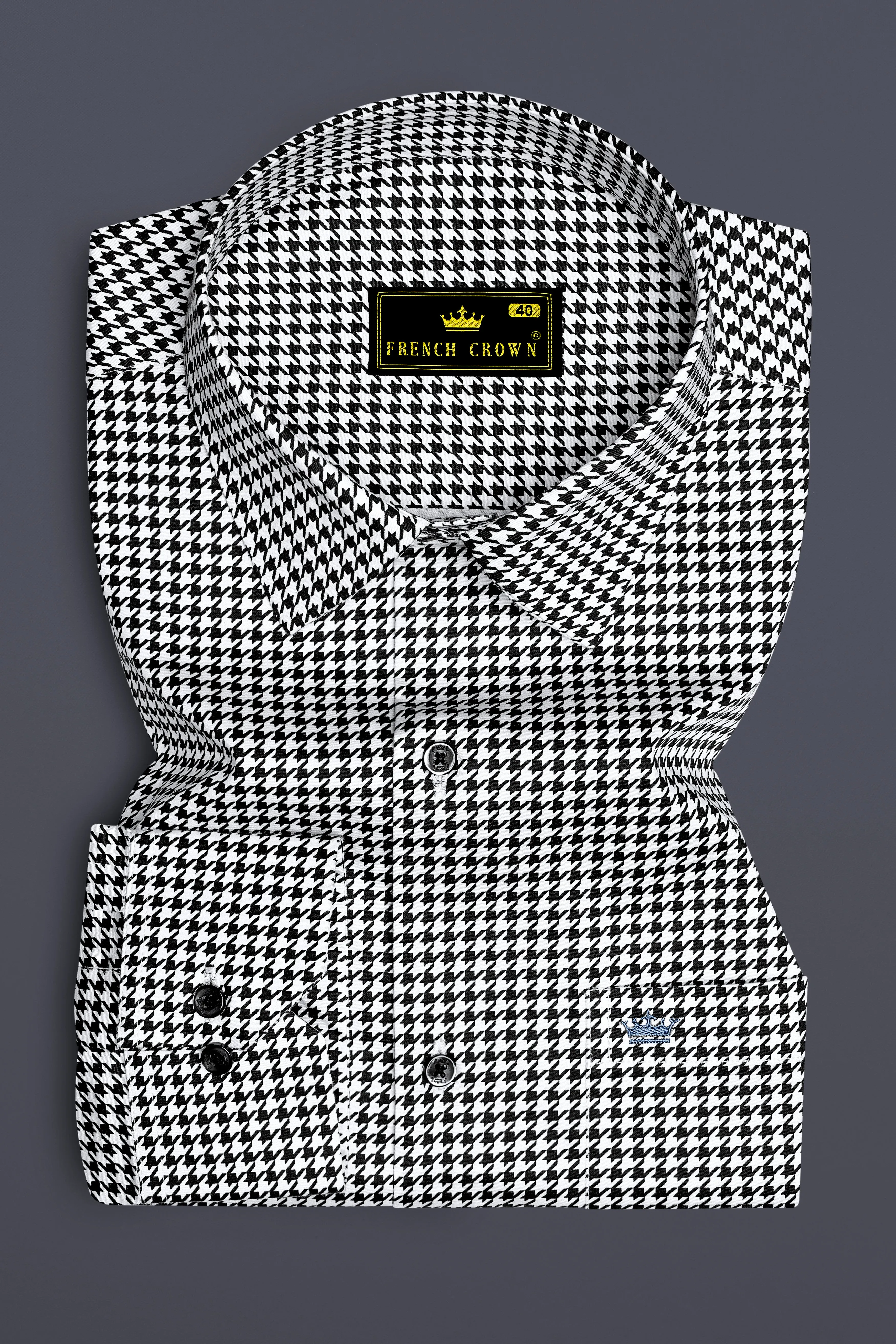 Regalis-Jade Black And Bright White Houndstooth Printed Subtle Sheen Super Soft Premium Cotton Dress Shirt sold by French Crown product image thumbnail 4