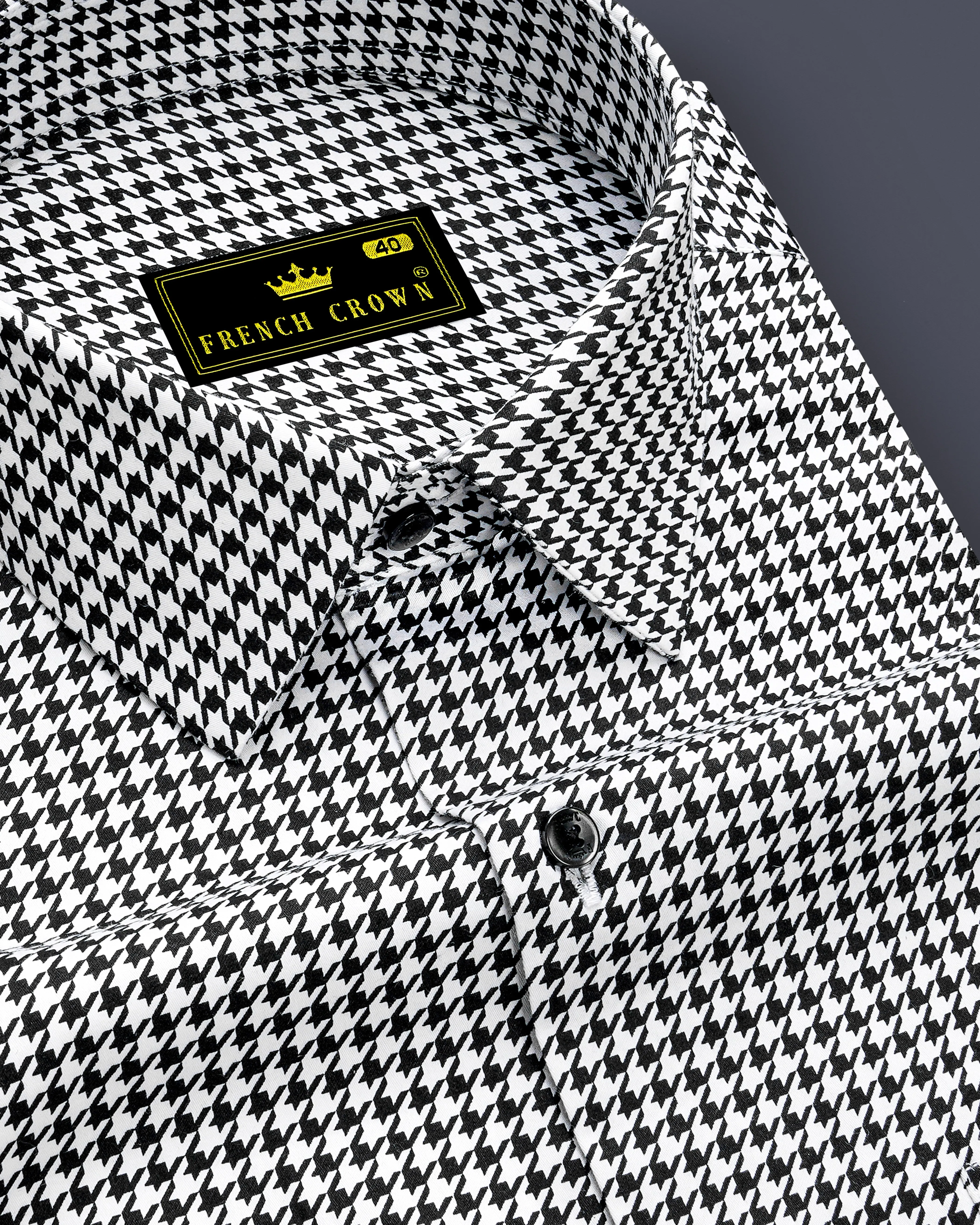 Regalis-Jade Black And Bright White Houndstooth Printed Subtle Sheen Super Soft Premium Cotton Dress Shirt sold by French Crown