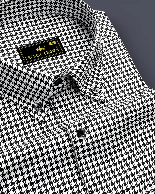 Regalis-Jade Black And Bright White Houndstooth Printed Super Soft Premium Cotton Dress Button Down Shirt sold by French Crown