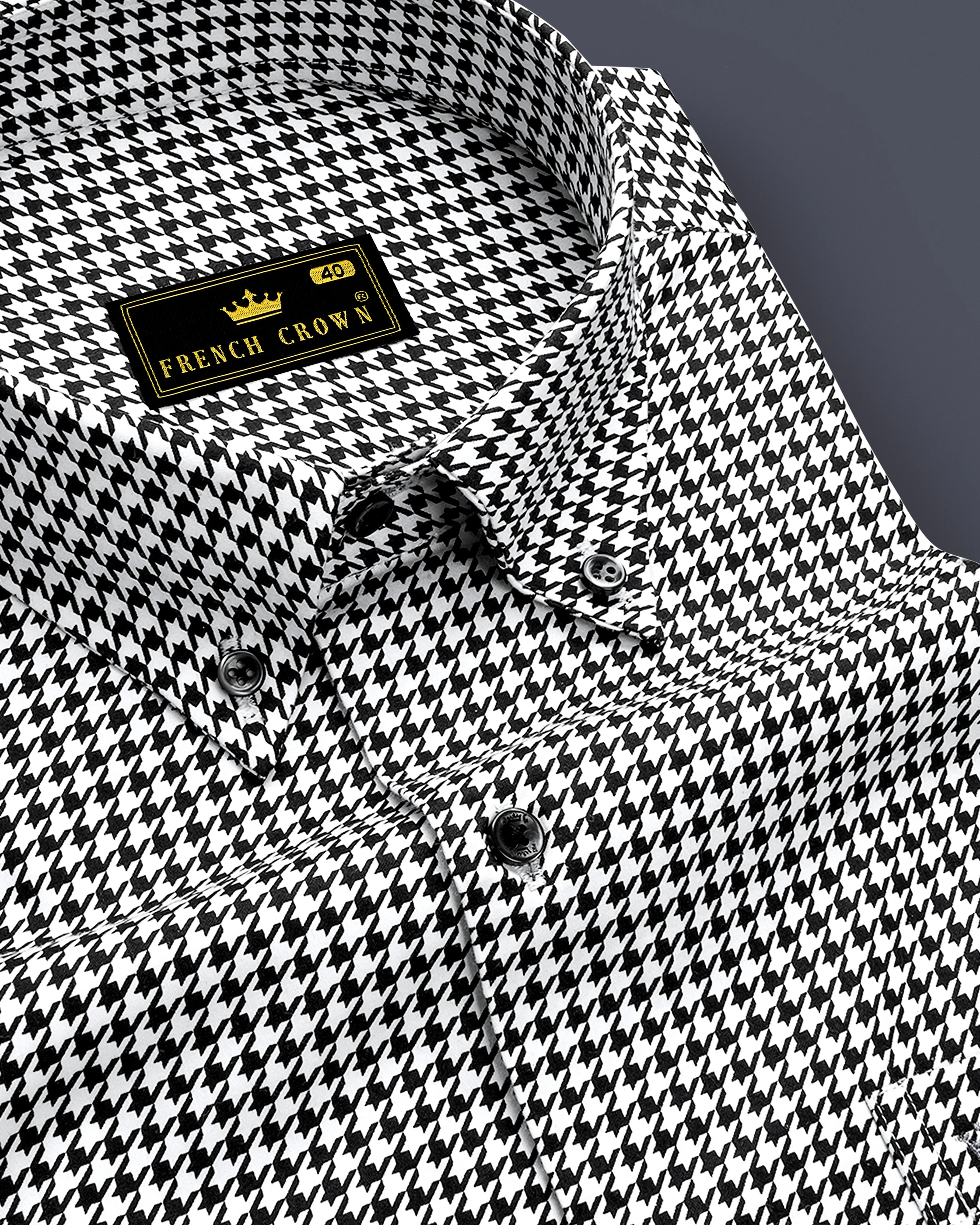 Regalis-Jade Black And Bright White Houndstooth Printed Super Soft Premium Cotton Dress Button Down Shirt sold by French Crown