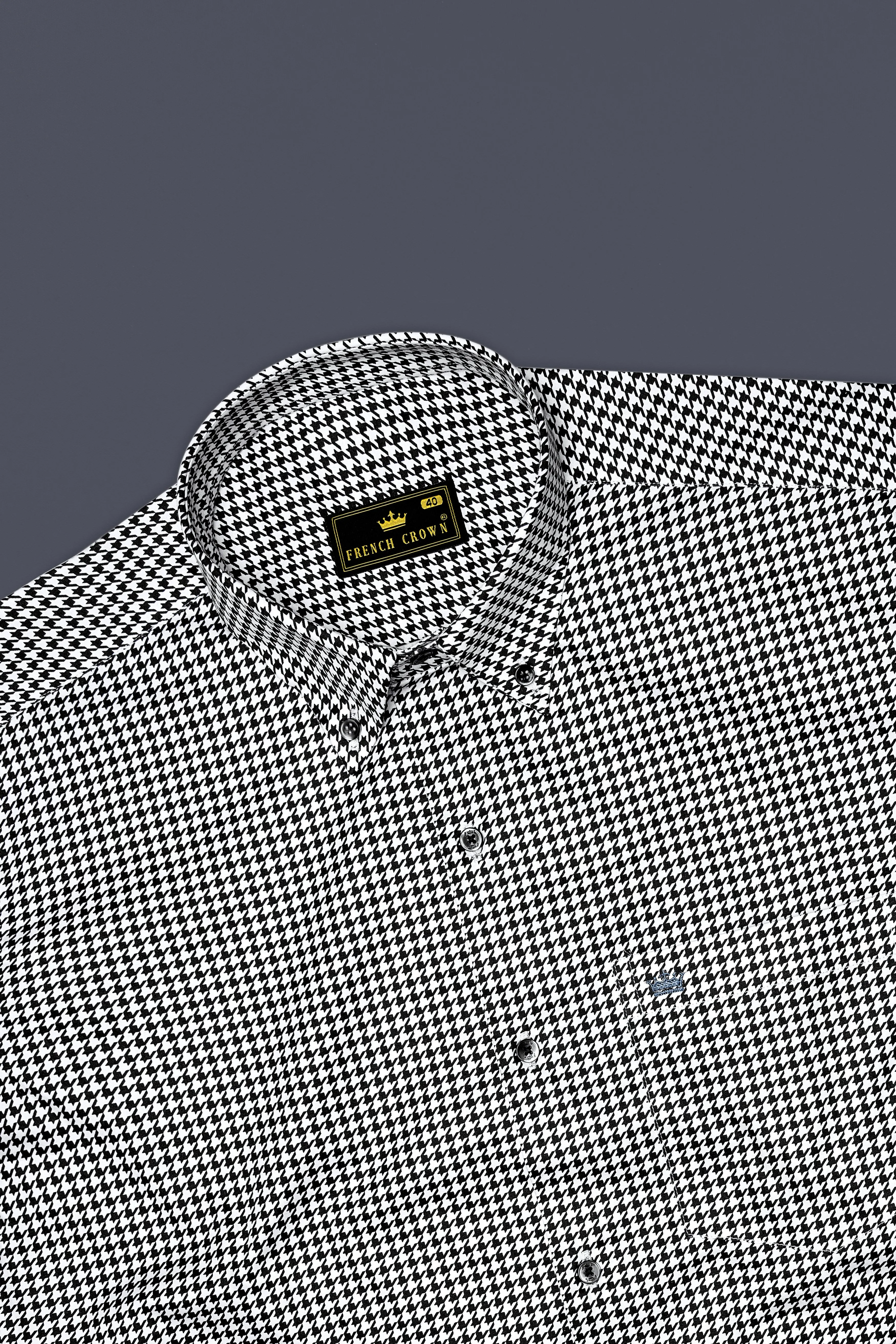 Regalis-Jade Black And Bright White Houndstooth Printed Super Soft Premium Cotton Dress Button Down Shirt sold by French Crown product image thumbnail 5