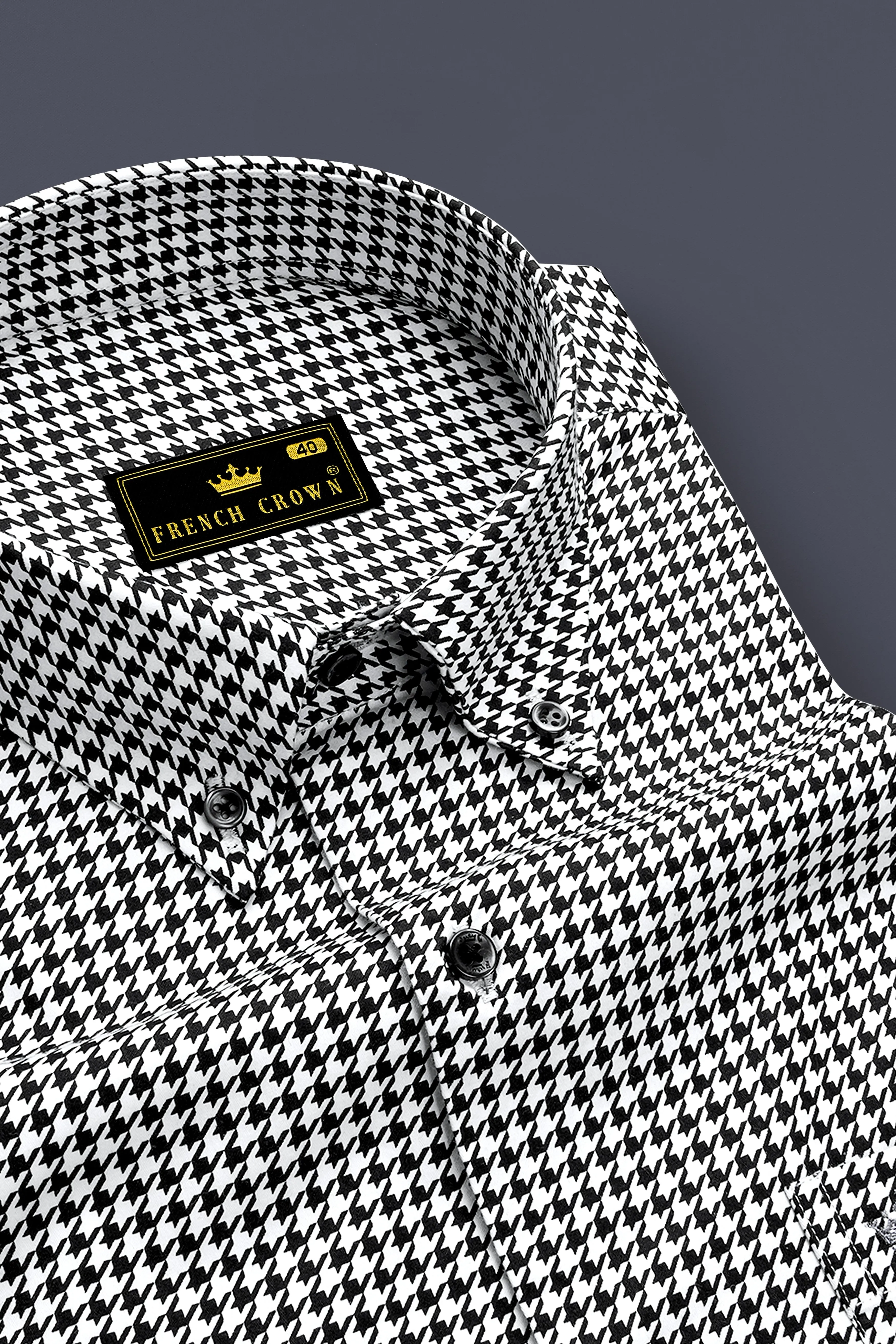 Regalis-Jade Black And Bright White Houndstooth Printed Super Soft Premium Cotton Dress Button Down Shirt sold by French Crown product image thumbnail 2