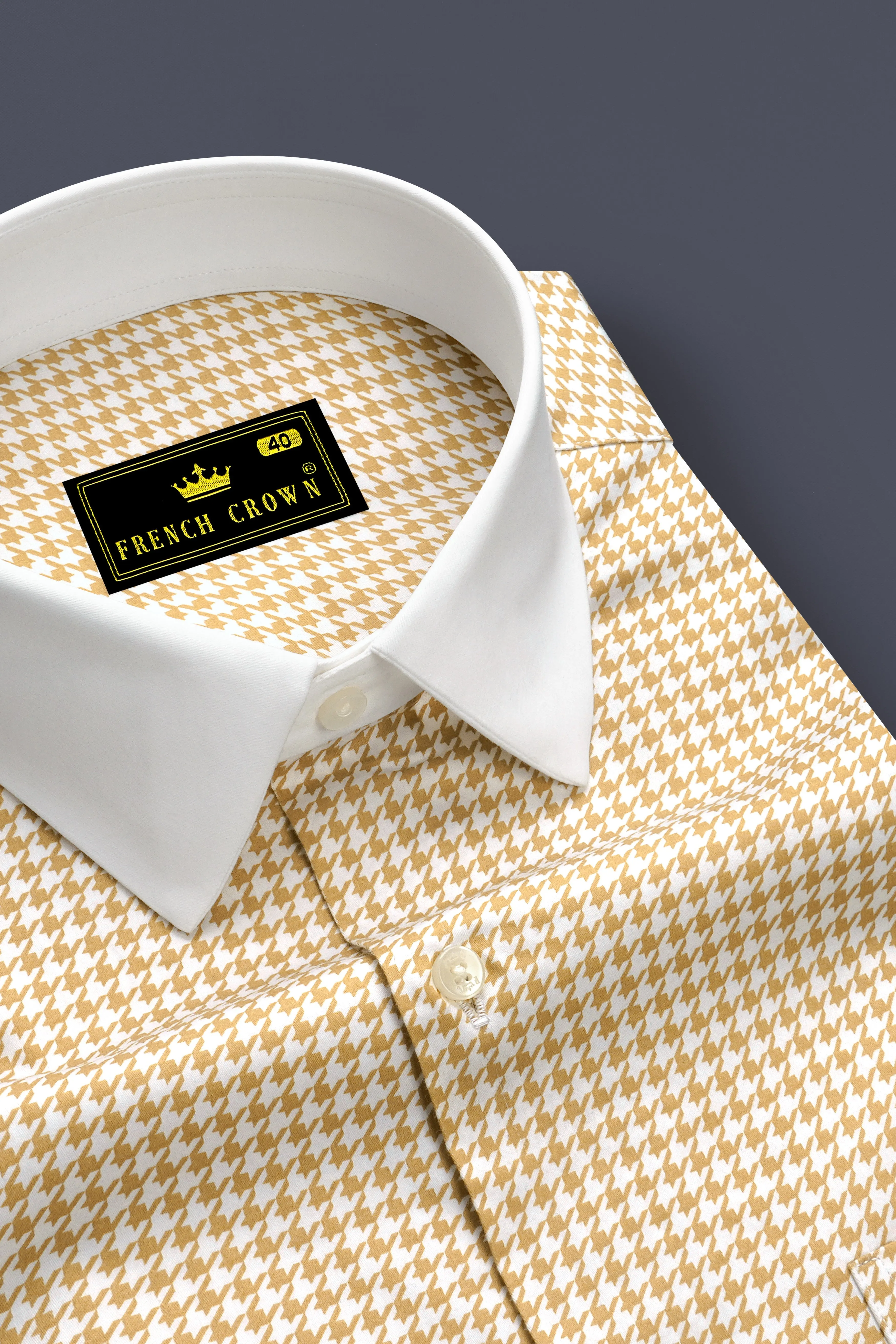 Rustiq-Barley Brown And Bright White Houndstooth Printed Super Soft Premium Cotton Dress White Cuff Collar Shirt sold by French Crown product image thumbnail 4