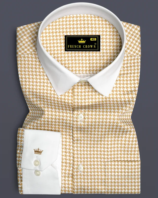 Rustiq-Barley Brown And Bright White Houndstooth Printed Super Soft Premium Cotton Dress White Cuff Collar Shirt sold by French Crown