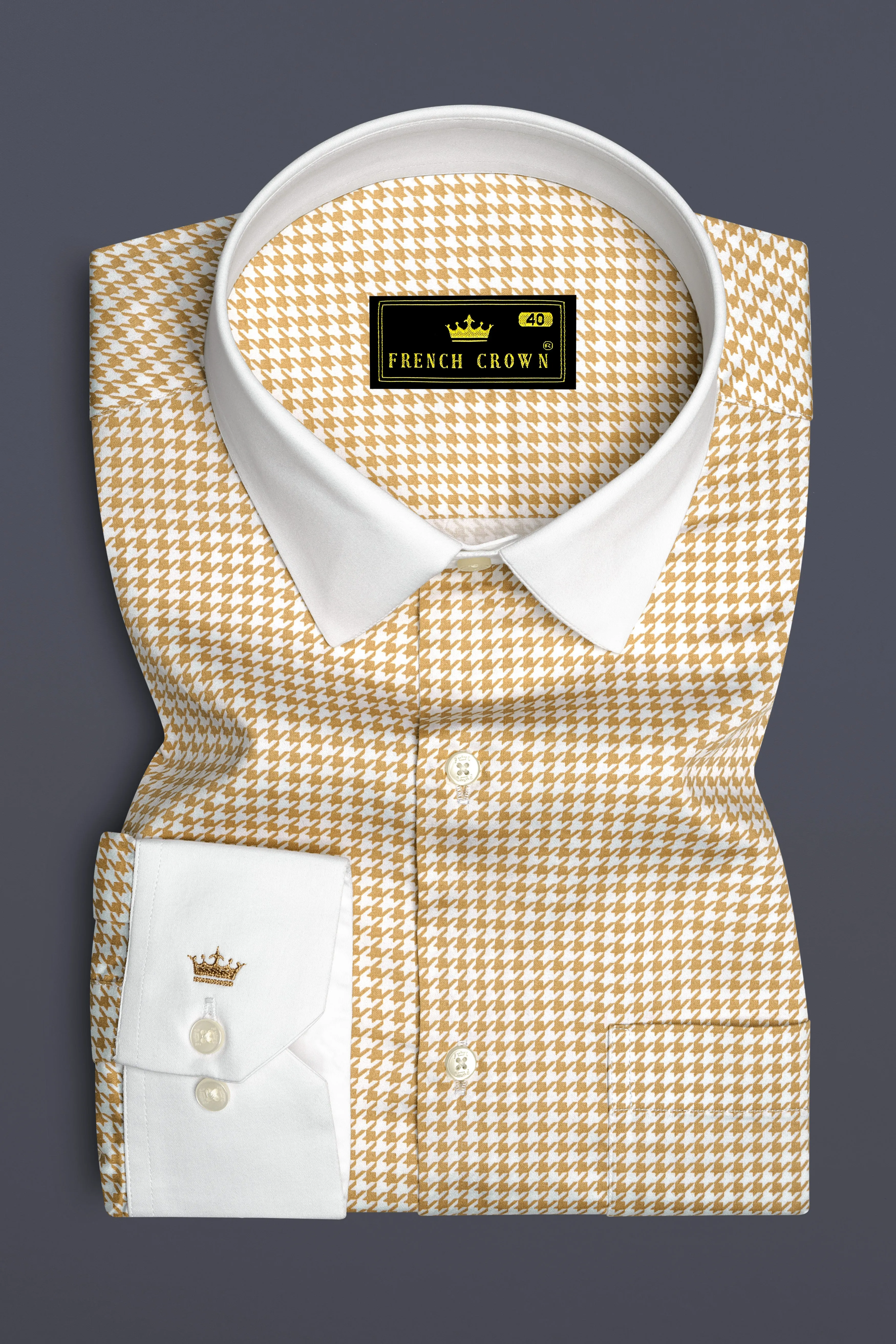 Rustiq-Barley Brown And Bright White Houndstooth Printed Super Soft Premium Cotton Dress White Cuff Collar Shirt sold by French Crown product image thumbnail 2