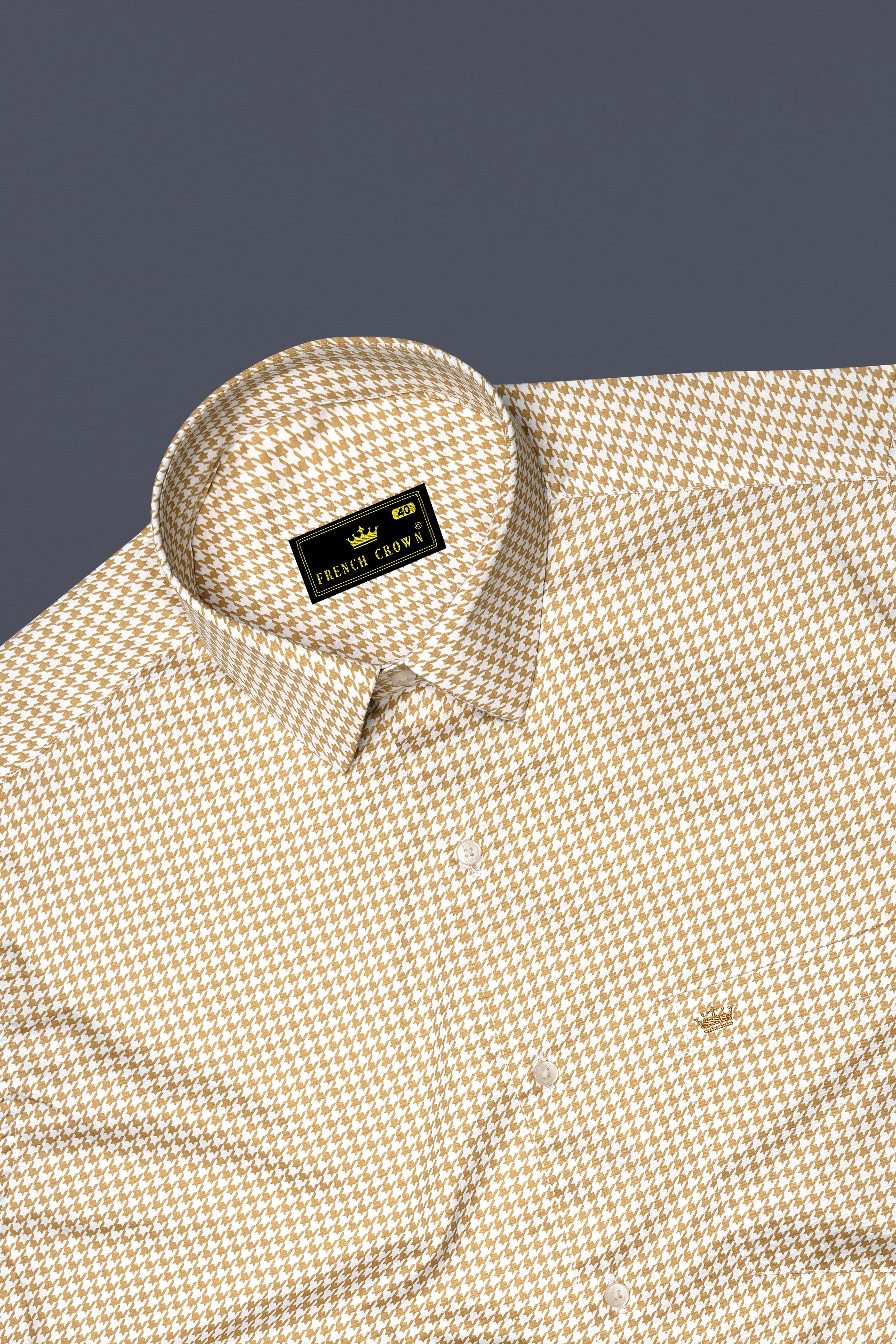 Rustiq-Barley Brown And Bright White Houndstooth Printed Subtle Sheen Super Soft Premium Cotton Dress Shirt sold by French Crown product image thumbnail 5