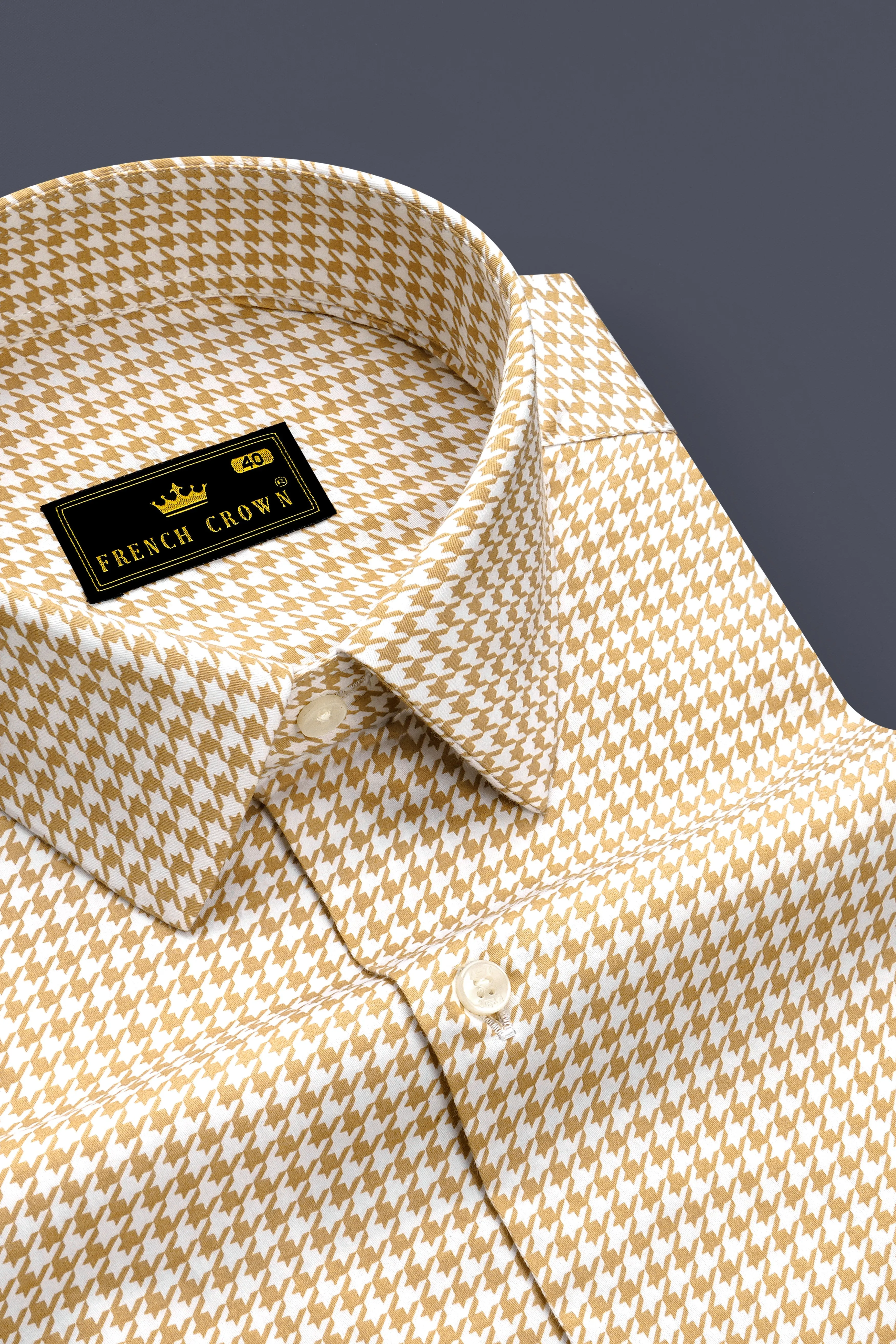 Rustiq-Barley Brown And Bright White Houndstooth Printed Subtle Sheen Super Soft Premium Cotton Dress Shirt sold by French Crown product image thumbnail 2