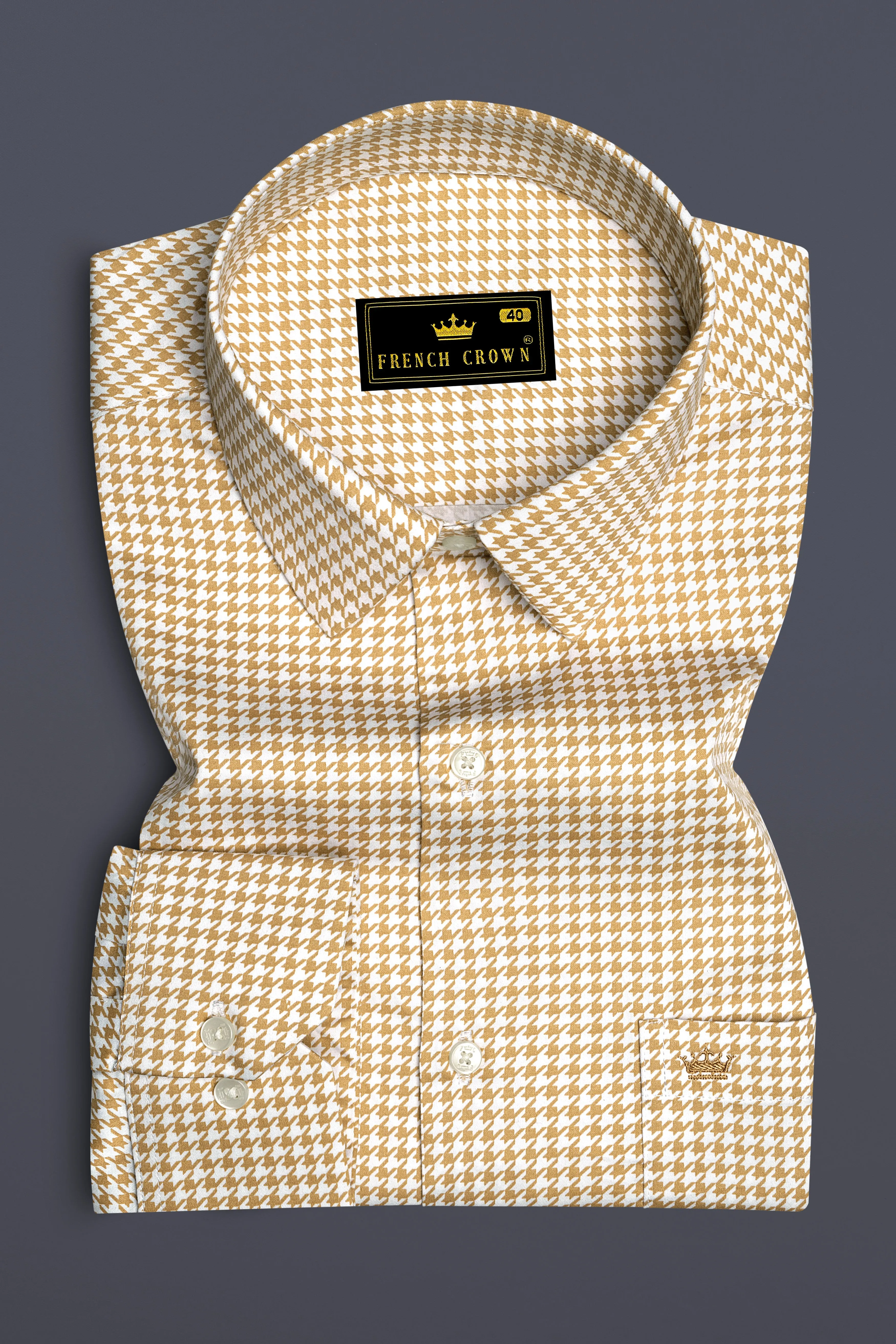 Rustiq-Barley Brown And Bright White Houndstooth Printed Subtle Sheen Super Soft Premium Cotton Dress Shirt sold by French Crown product image thumbnail 4