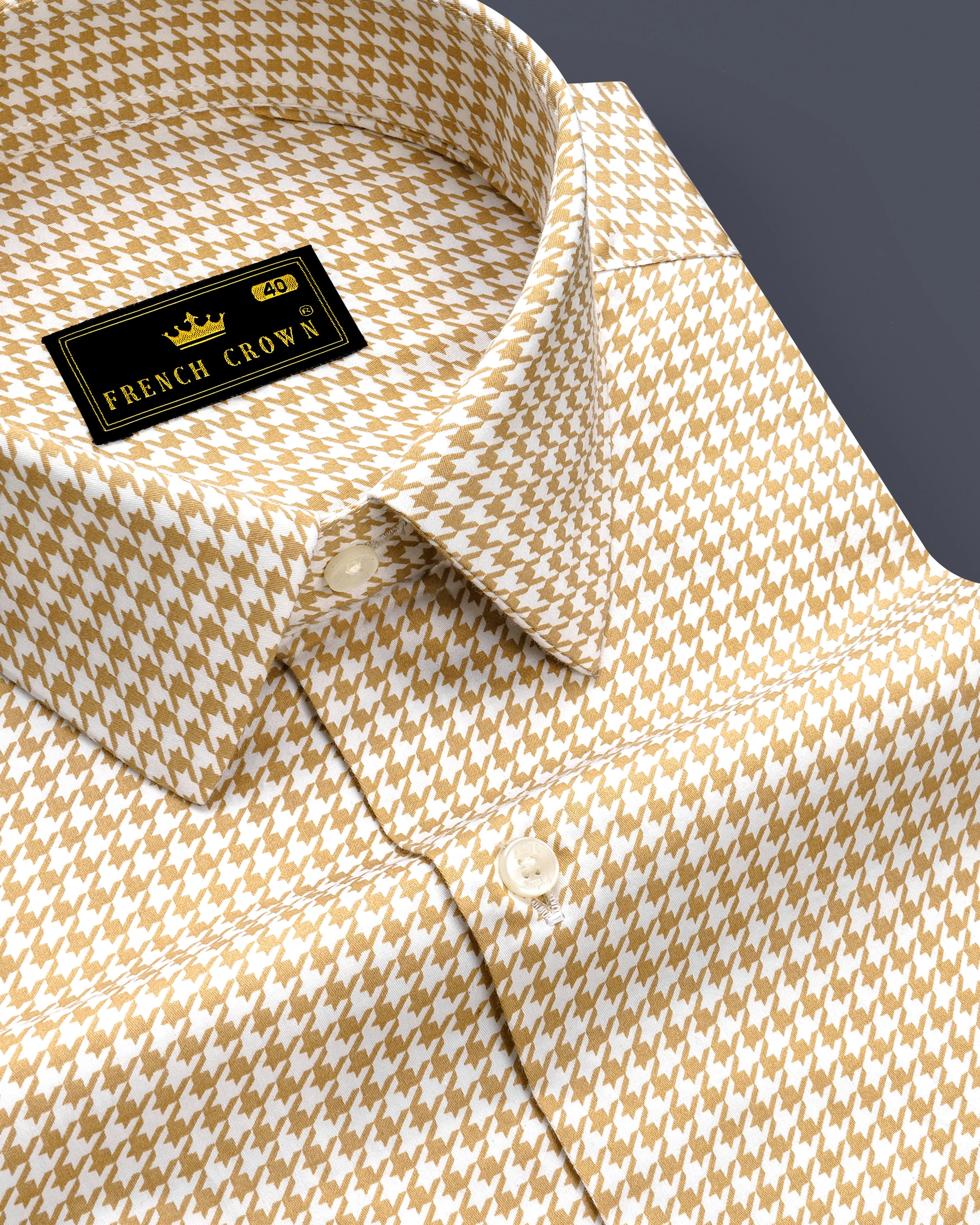 Rustiq-Barley Brown And Bright White Houndstooth Printed Subtle Sheen Super Soft Premium Cotton Dress Shirt sold by French Crown