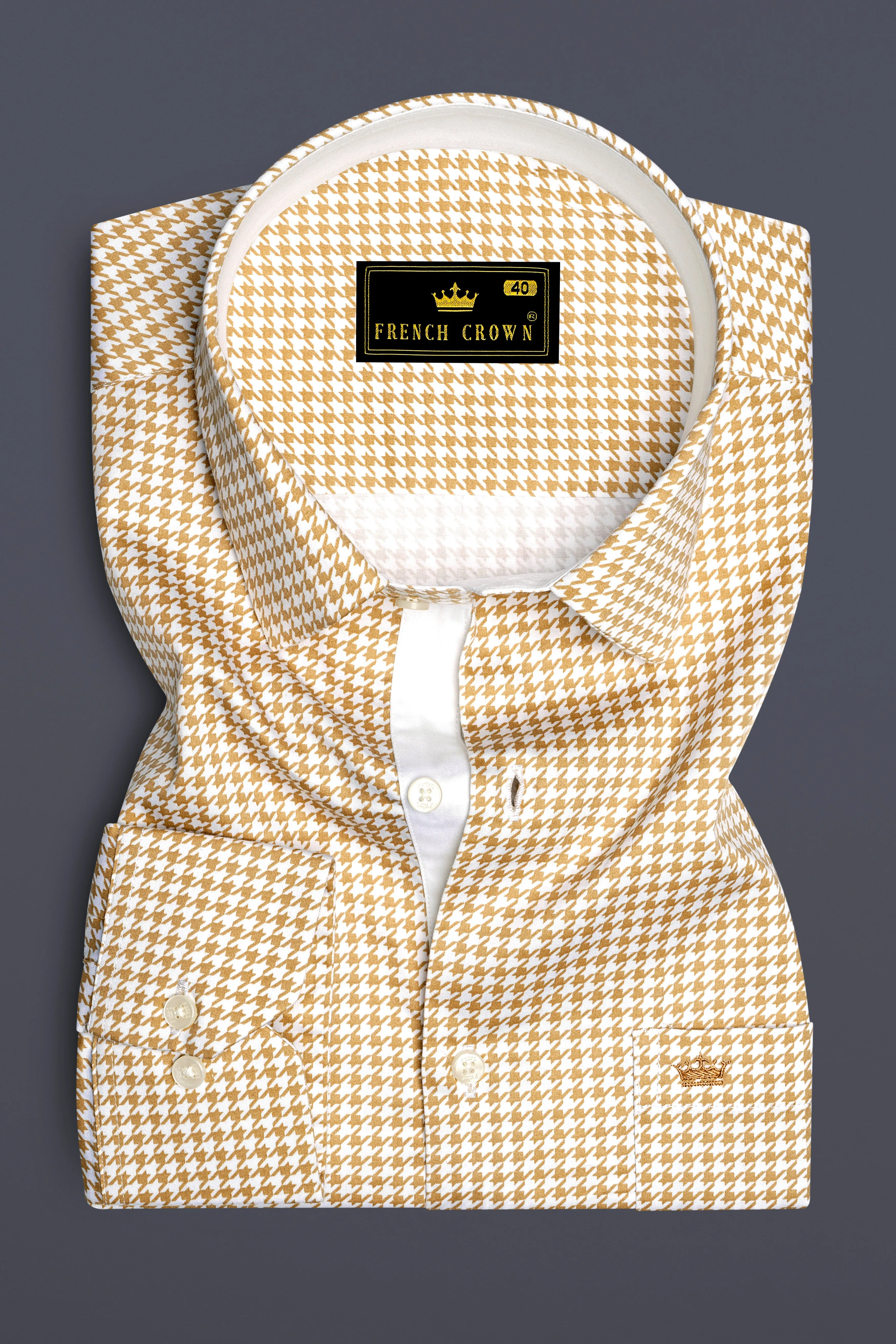 Rustiq-Barley Brown And Bright White Houndstooth Printed Super Soft Premium Cotton Dress Shirt sold by French Crown product image thumbnail 4