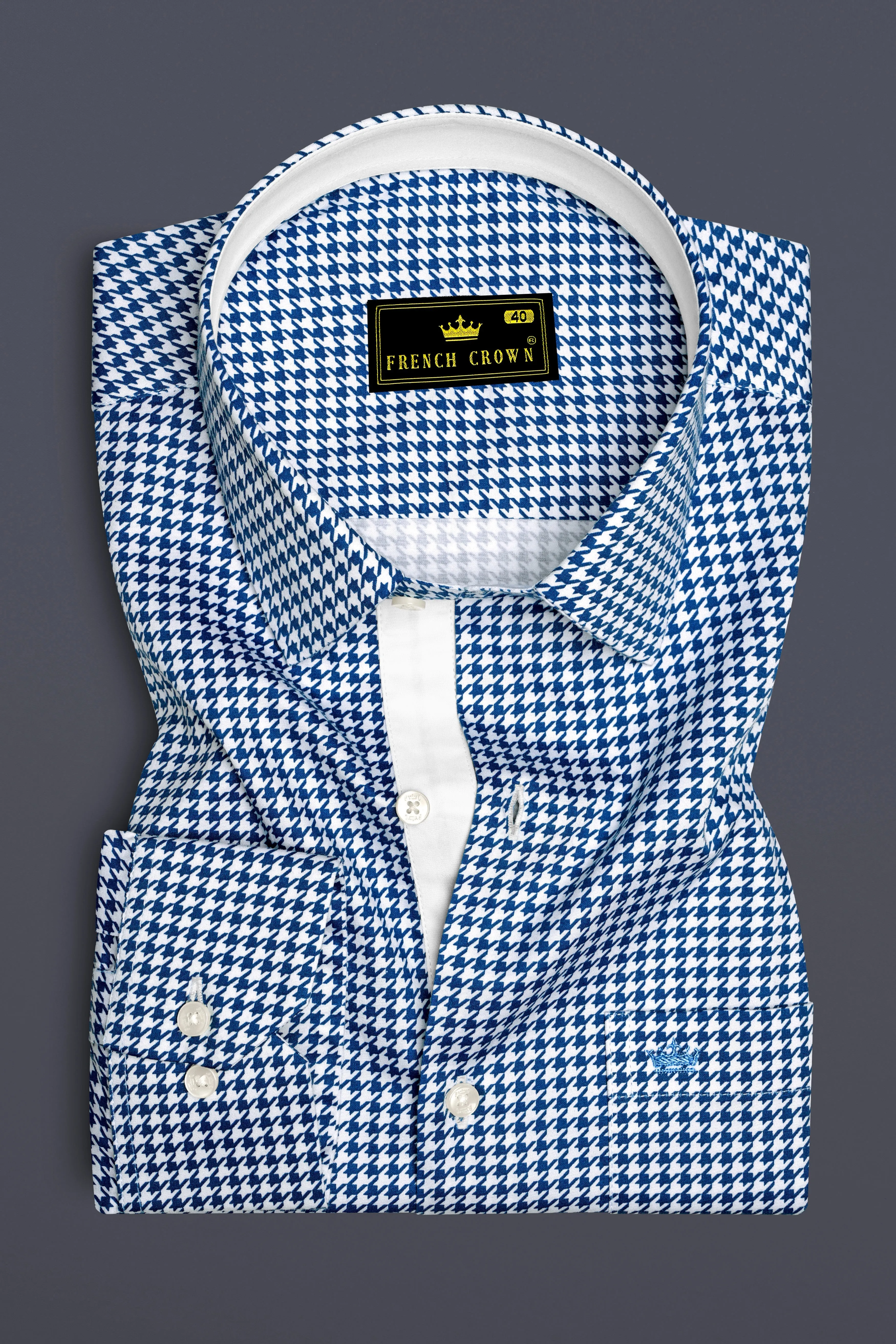 Creston-Lapis Blue And Bright White Houndstooth Printed Super Soft Premium Cotton Dress Shirt sold by French Crown product image thumbnail 4