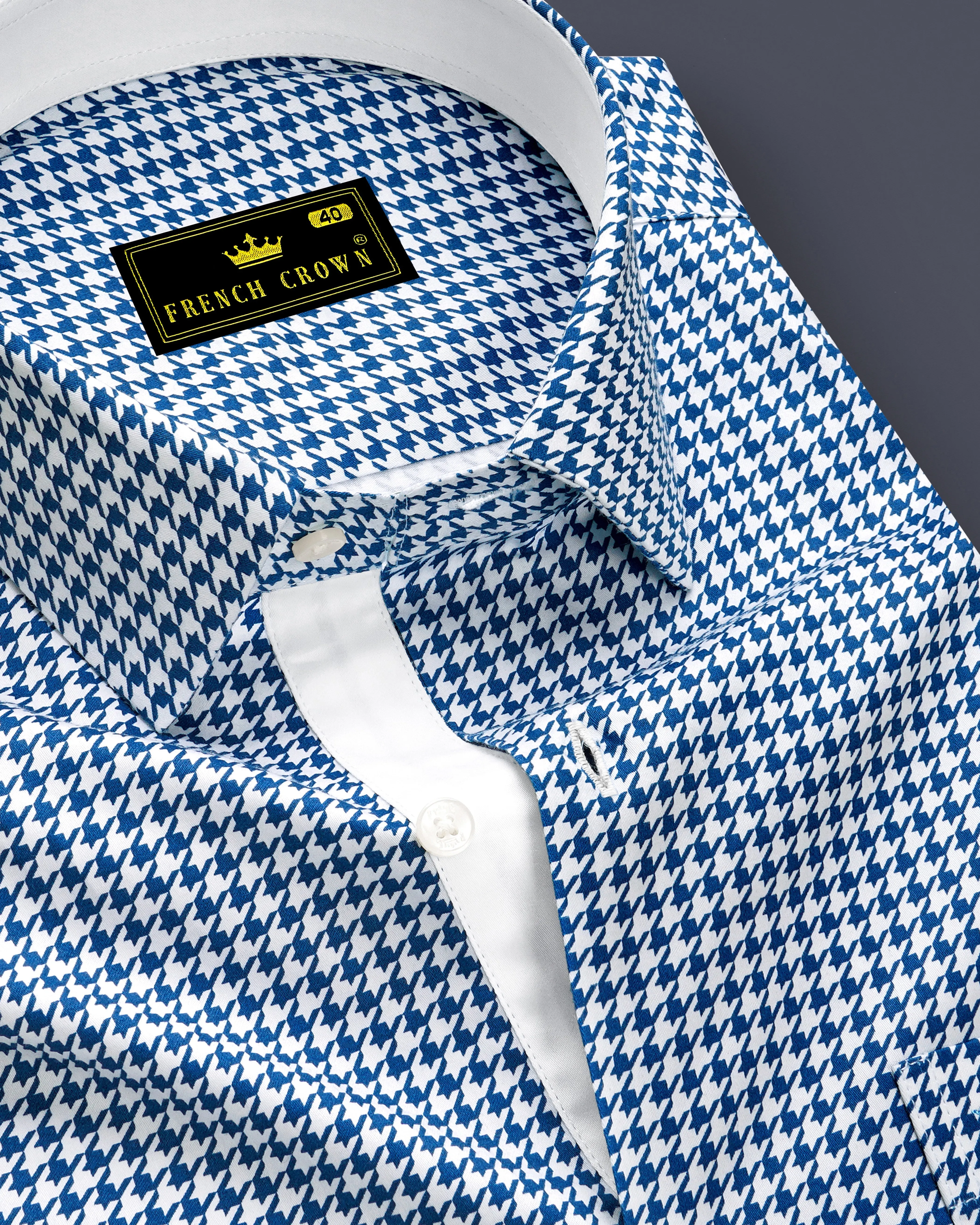 Creston-Lapis Blue And Bright White Houndstooth Printed Super Soft Premium Cotton Dress Shirt sold by French Crown