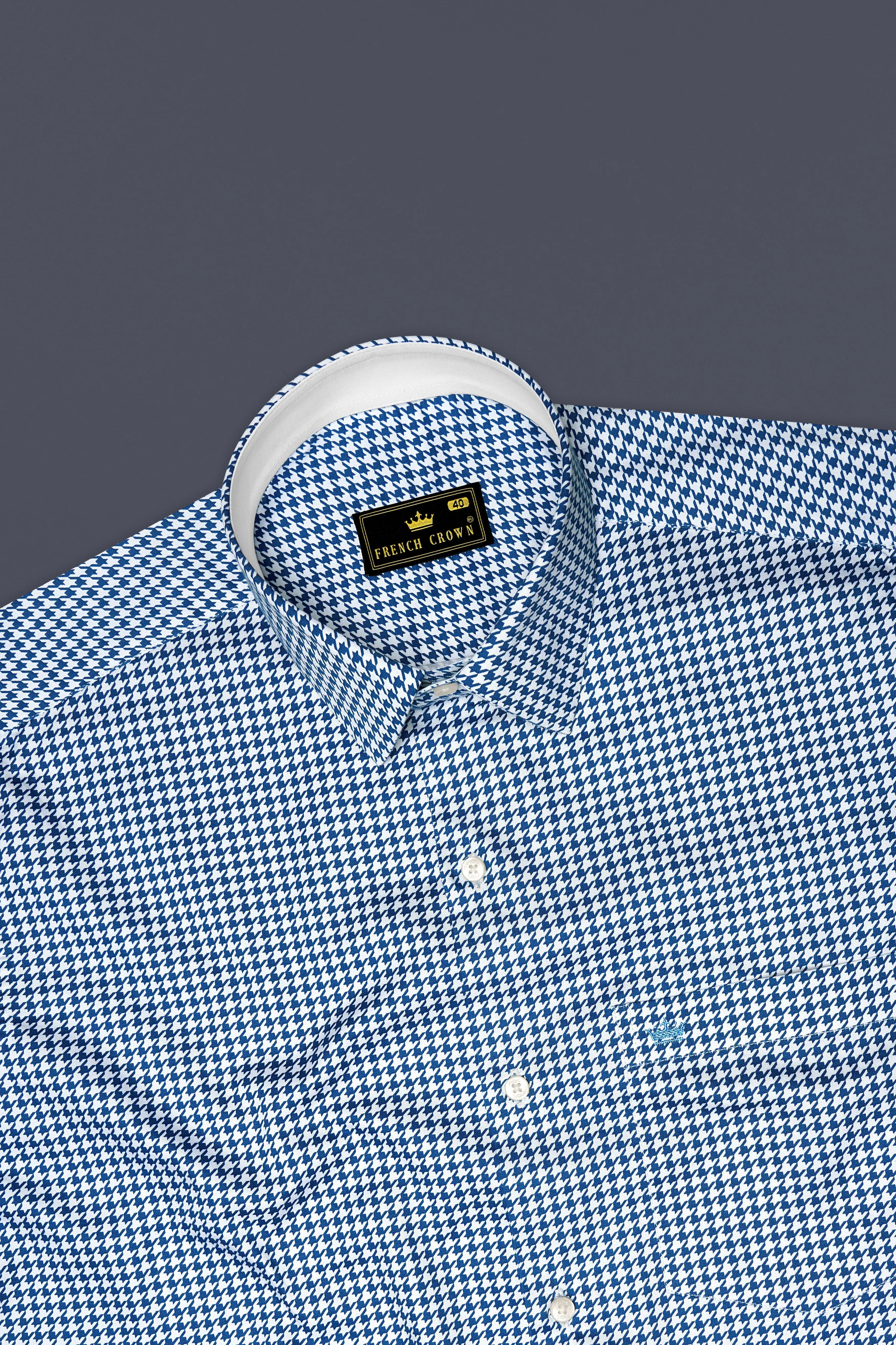 Creston-Lapis Blue And Bright White Houndstooth Printed Super Soft Premium Cotton Dress Shirt sold by French Crown product image thumbnail 5
