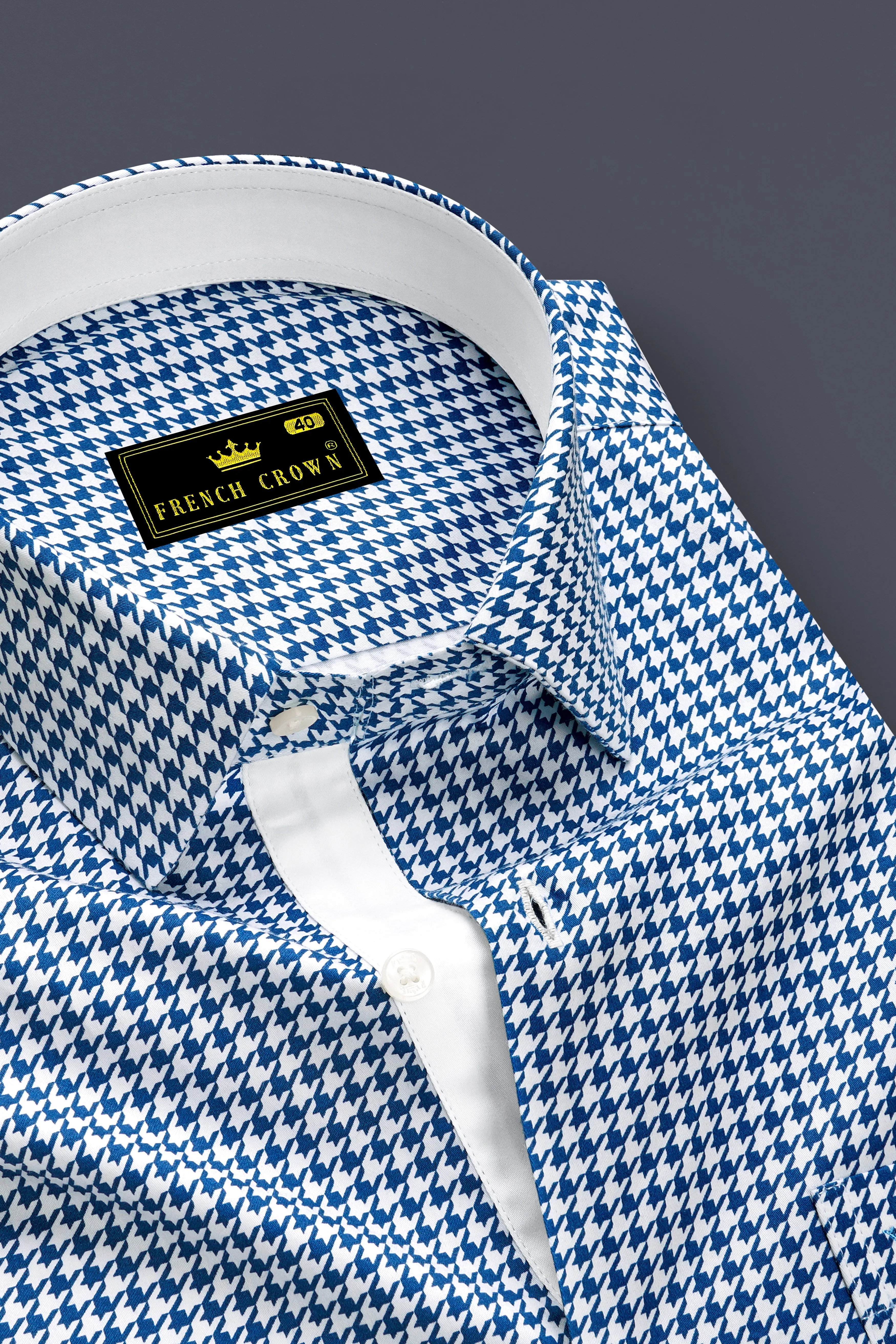 Creston-Lapis Blue And Bright White Houndstooth Printed Super Soft Premium Cotton Dress Shirt sold by French Crown product image thumbnail 2