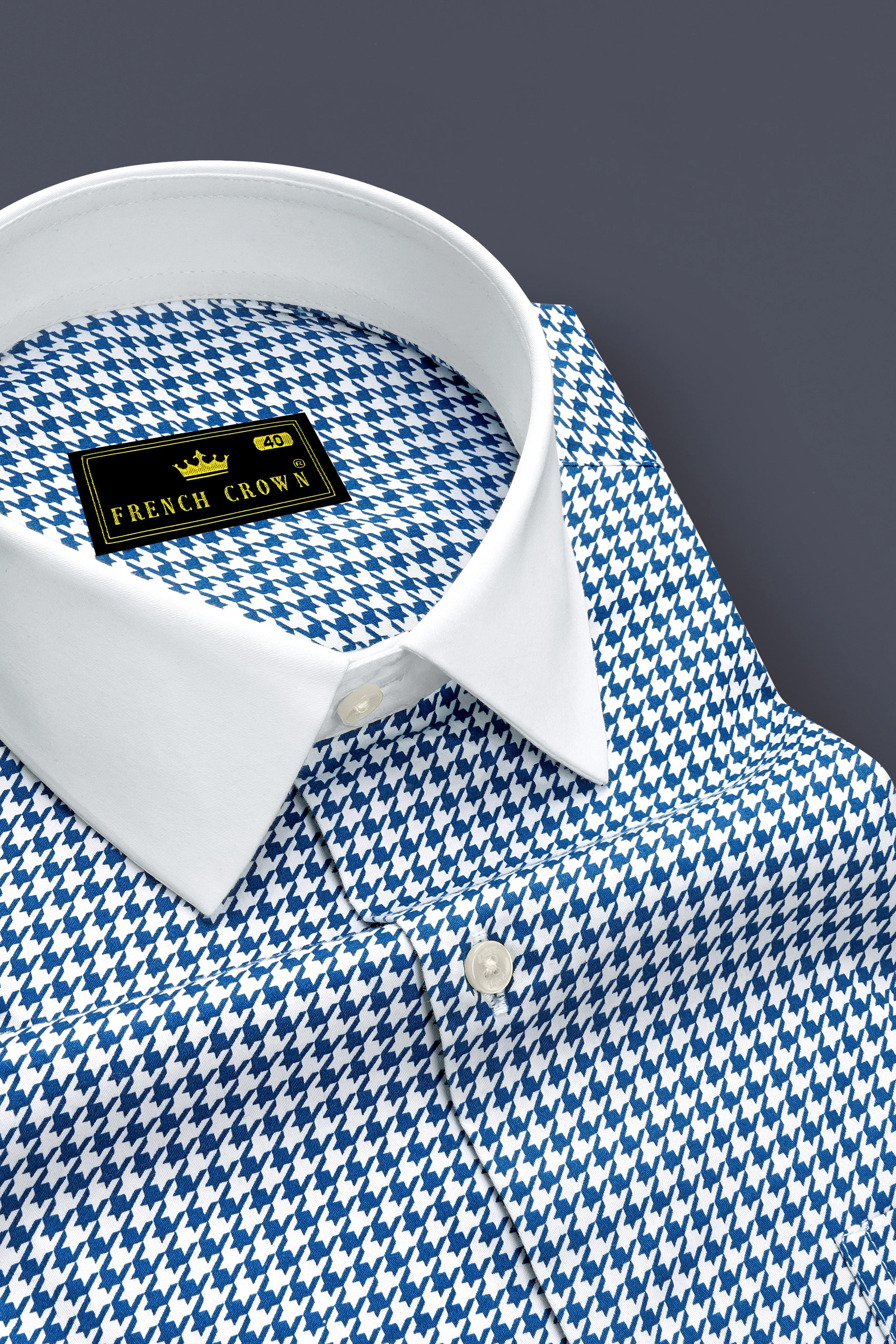 Creston-Lapis Blue And Bright White Houndstooth Printed Super Soft Premium Cotton Dress White Cuff Collar Shirt sold by French Crown product image thumbnail 4