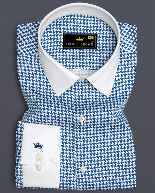 Creston-Lapis Blue And Bright White Houndstooth Printed Super Soft Premium Cotton Dress White Cuff Collar Shirt sold by French Crown