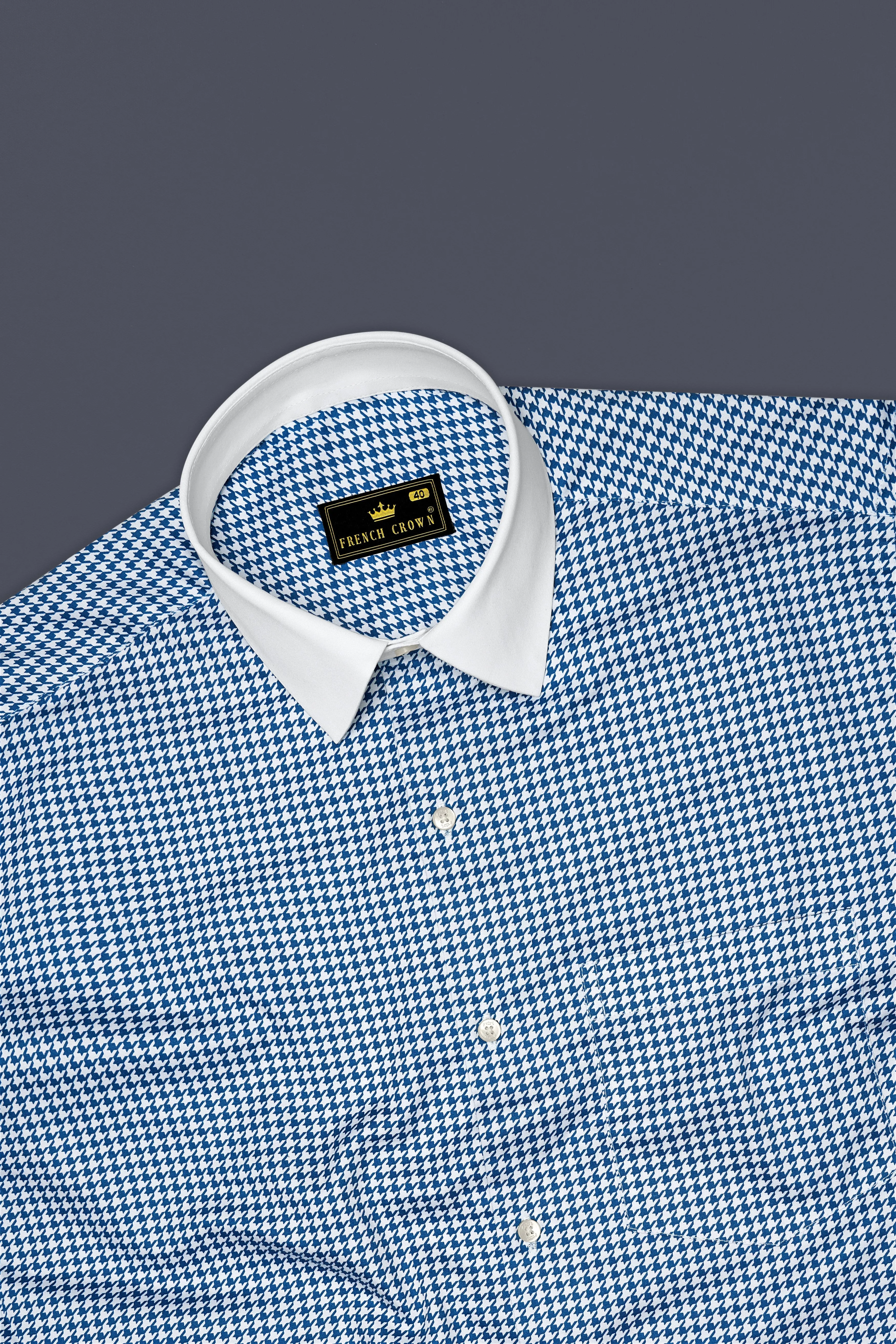 Creston-Lapis Blue And Bright White Houndstooth Printed Super Soft Premium Cotton Dress White Cuff Collar Shirt sold by French Crown product image thumbnail 5