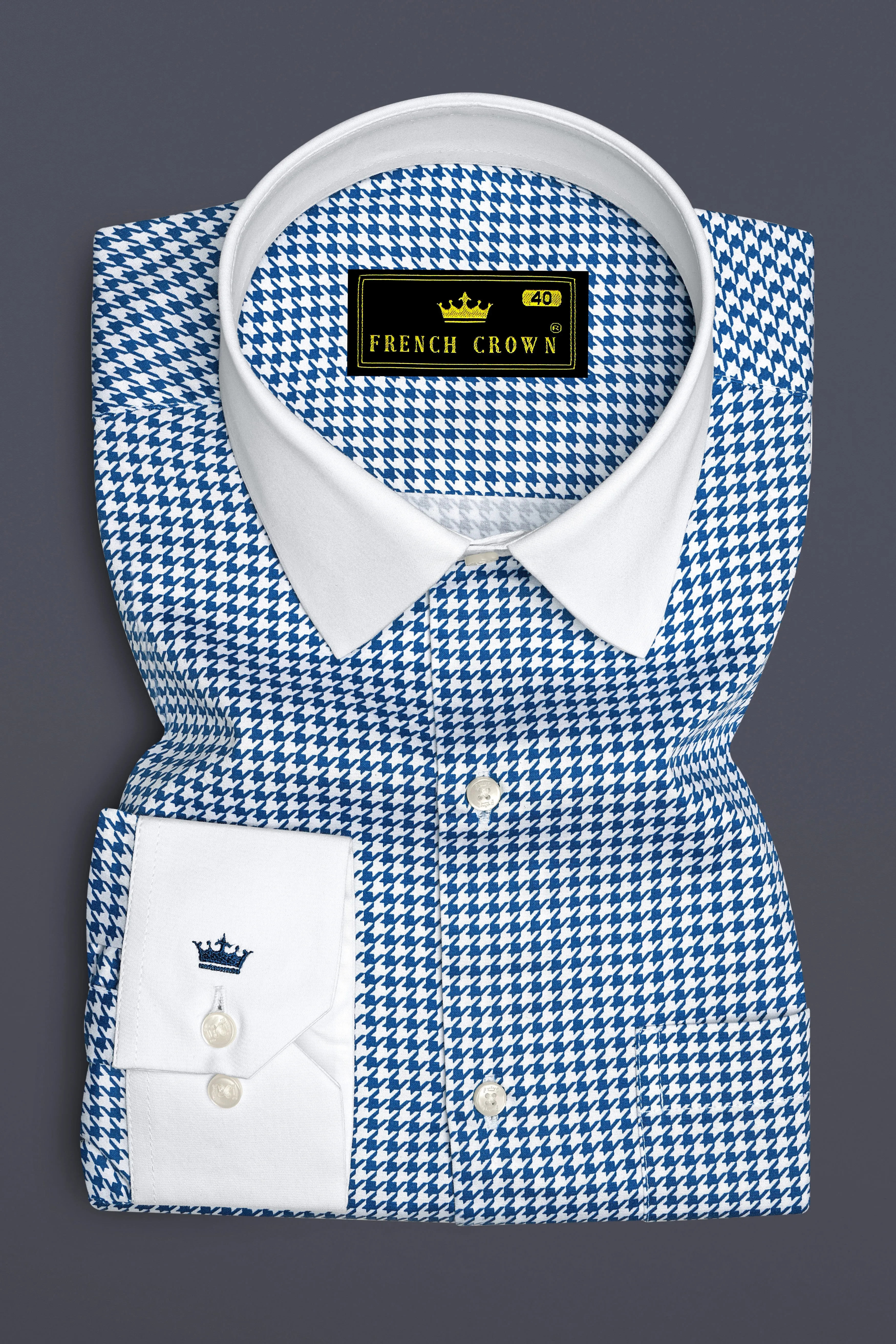 Creston-Lapis Blue And Bright White Houndstooth Printed Super Soft Premium Cotton Dress White Cuff Collar Shirt sold by French Crown product image thumbnail 2